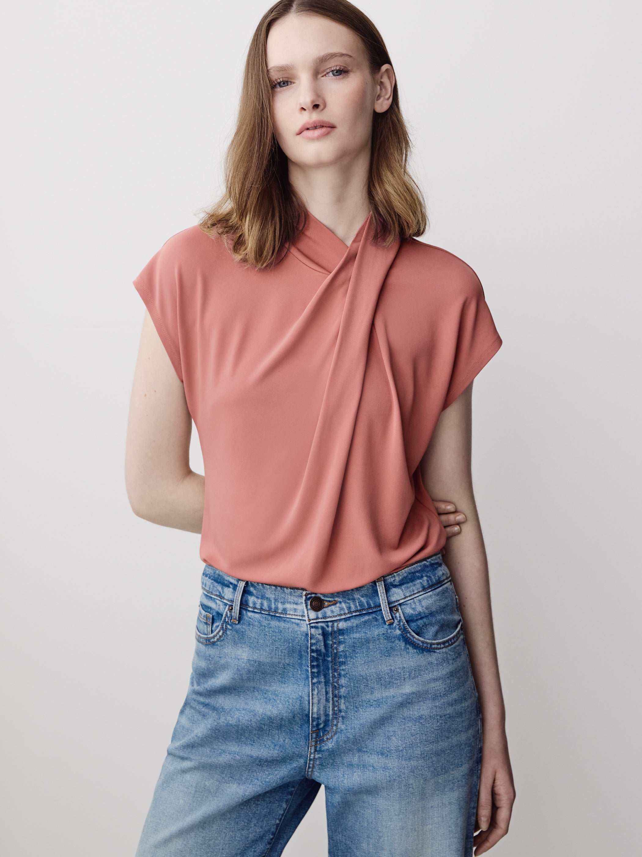 Extended-Sleeve Top with Crossover Draped Mock Neckline | RW&CO.