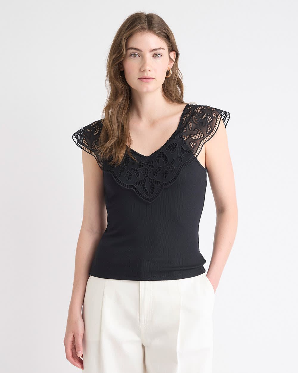 V-Neck Ribbed Top with Short Flutter Sleeves | RW&CO.