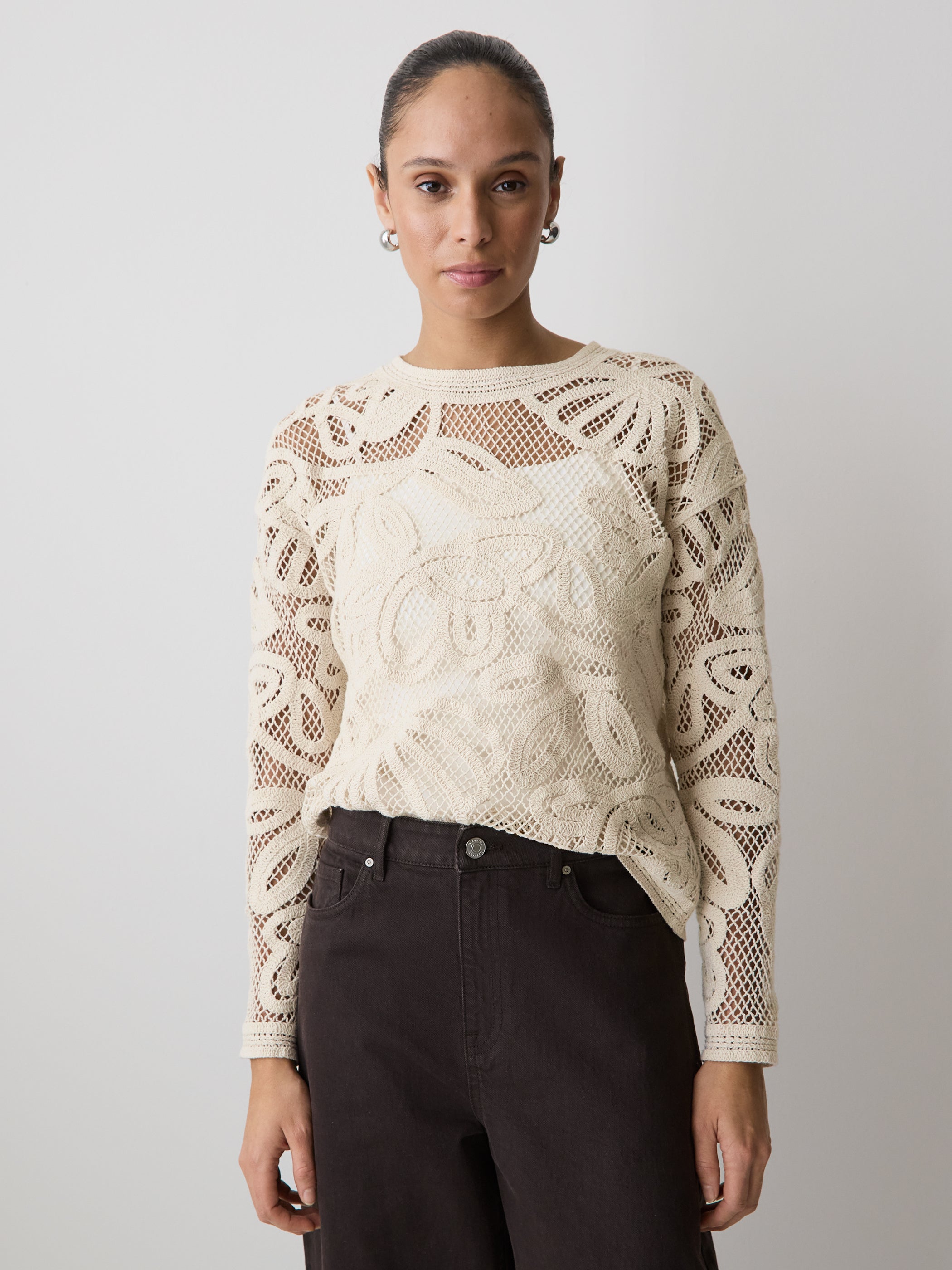 Women's Long-Sleeve Crew-Neck Crochet Knit Top – RW&CO