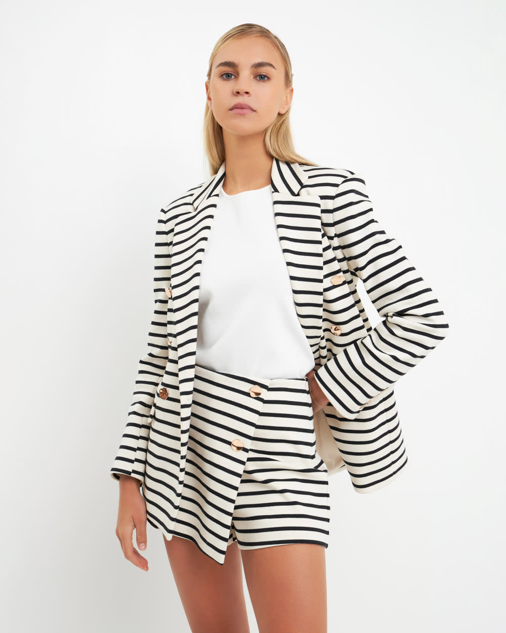 English Factory- Striped Knit Double Breasted Blazer