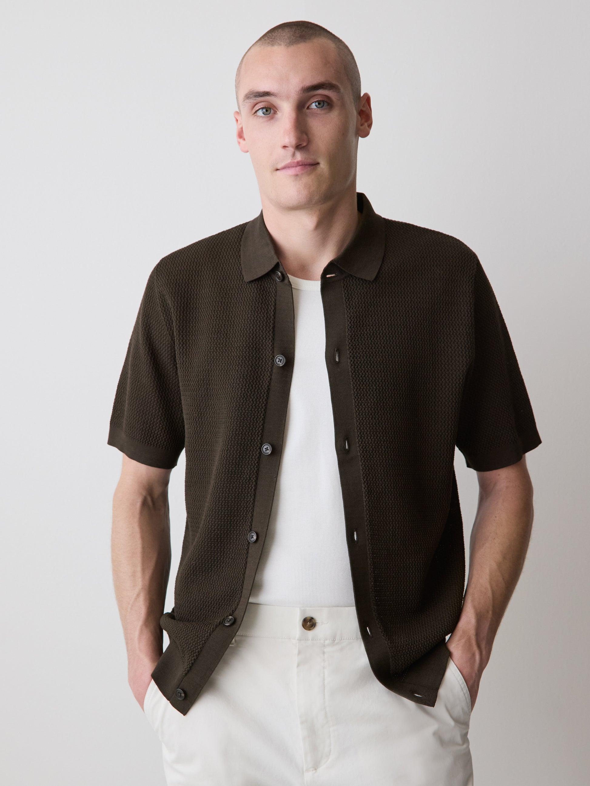 Short-Sleeve Textured Shirt Sweater