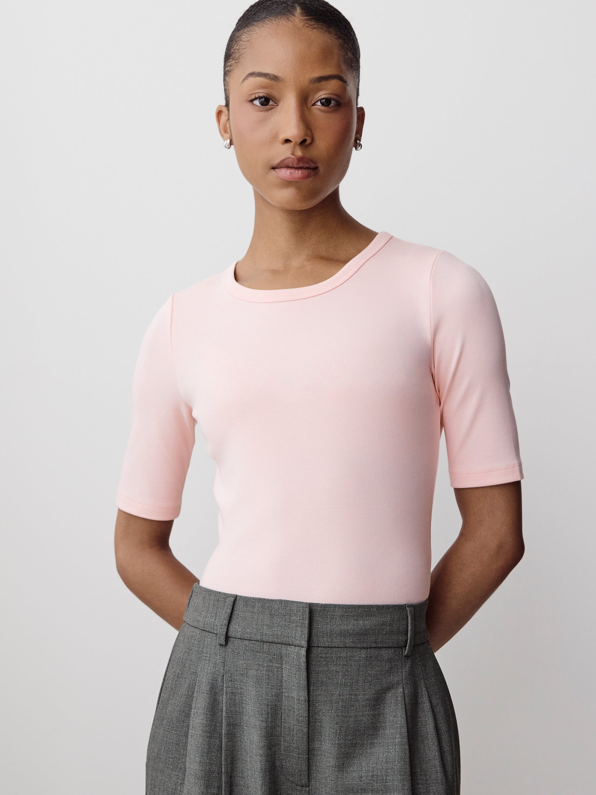 Fitted Cotton Modal Knit Pullover with Crew Neck