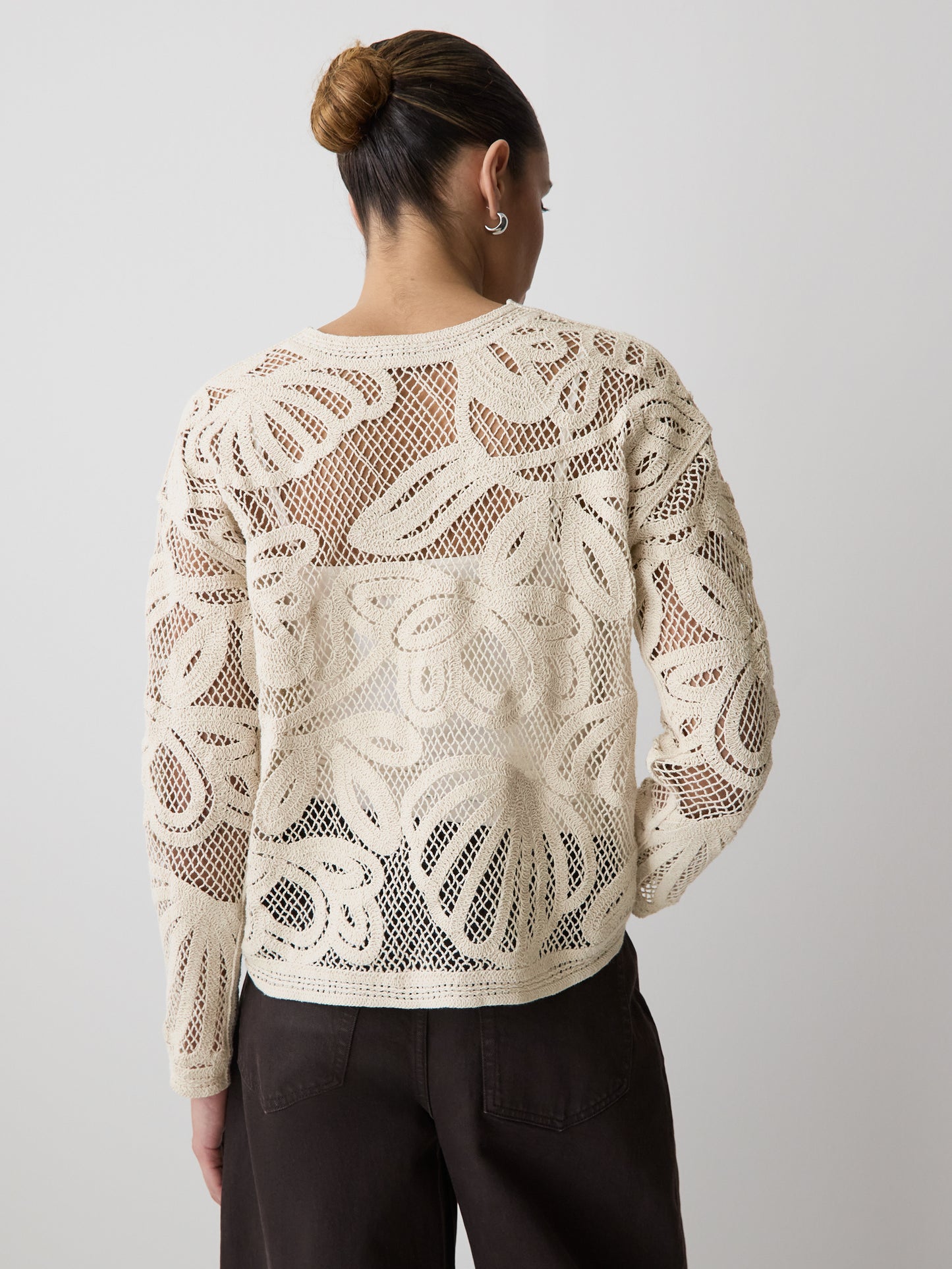 Long-Sleeve Crew-Neck Top with Crochet Details