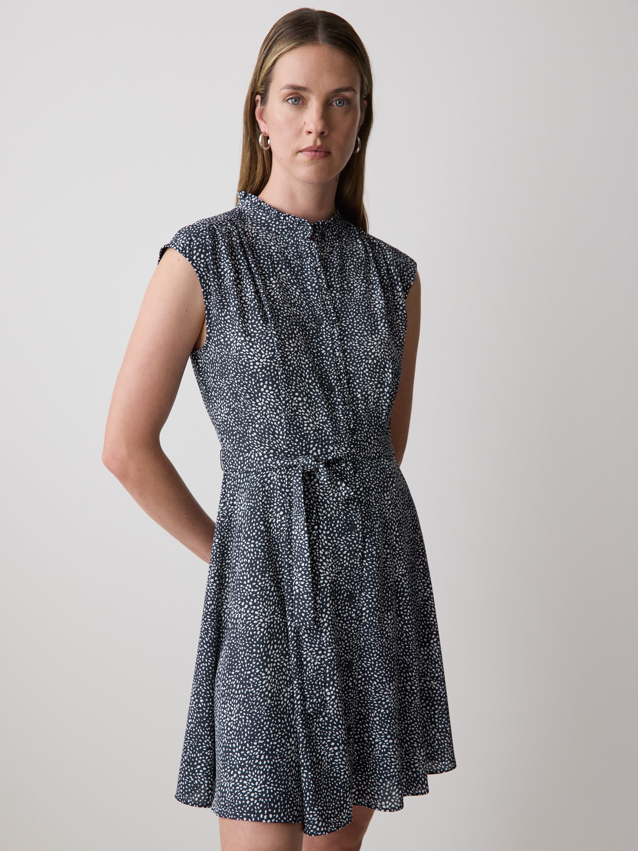 Sleeveless Mock-Neck Buttoned-Down Mini Dress