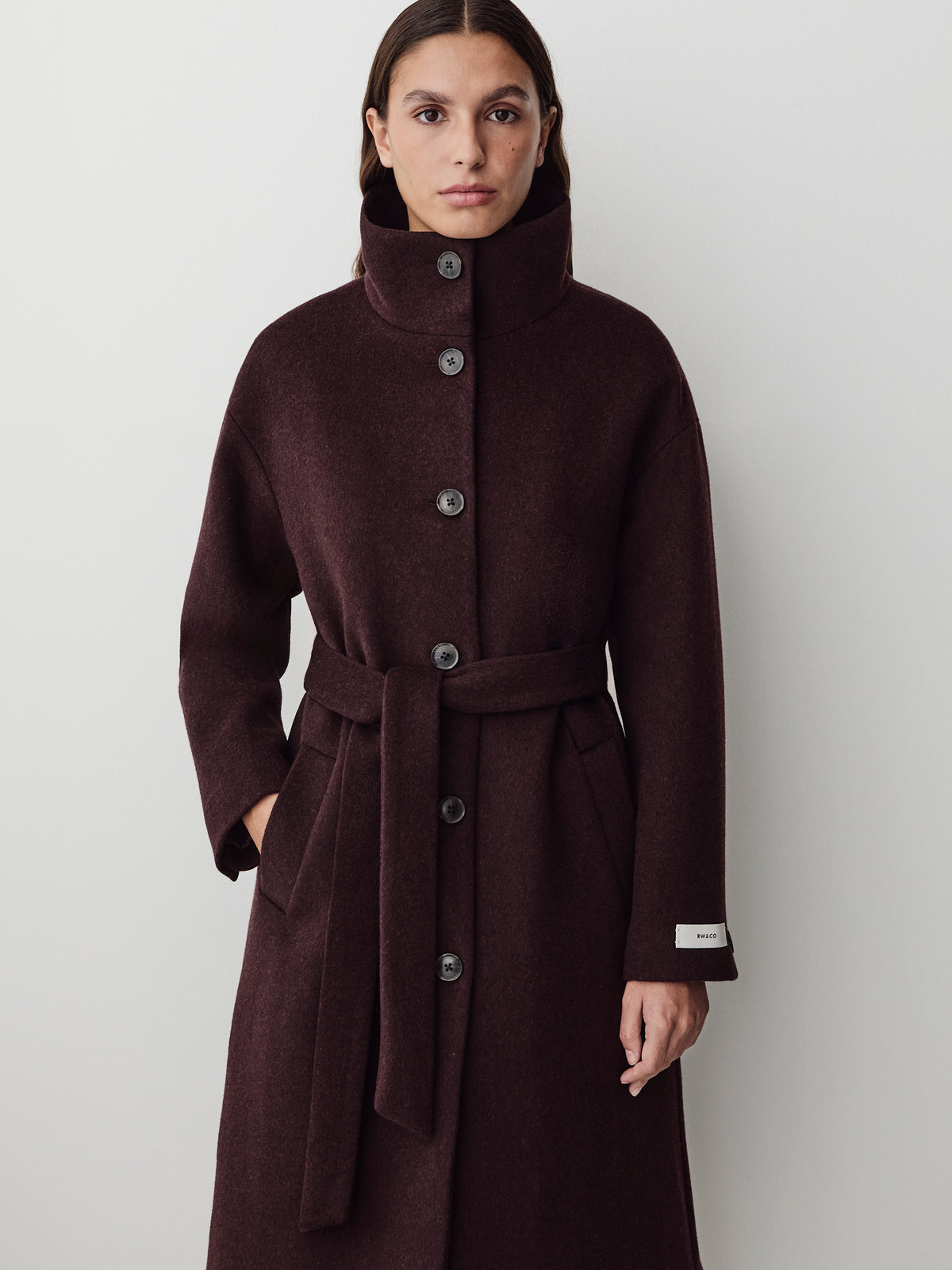 Wool Blend Funnel Neck Long Coat