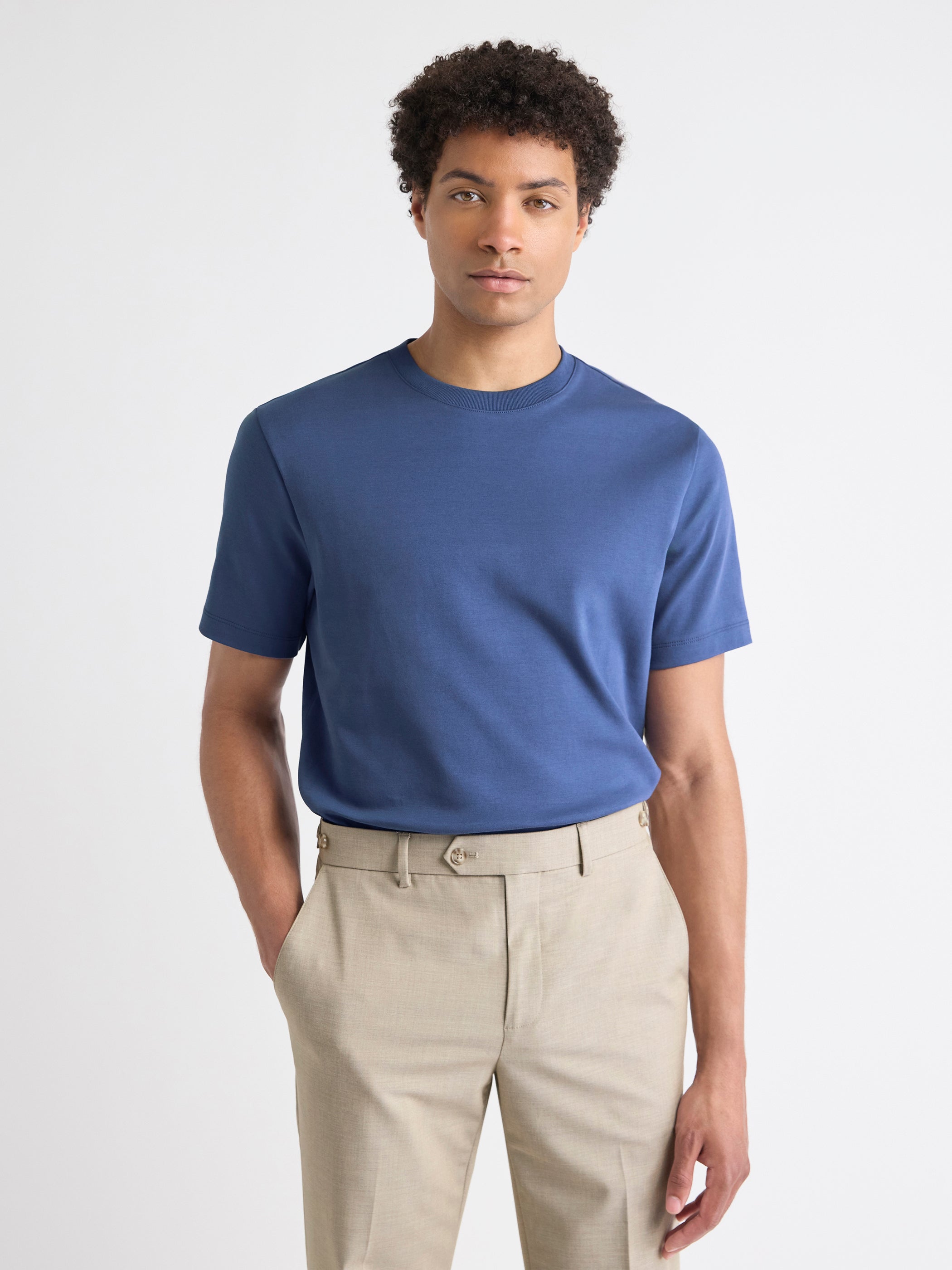 T-Shirt Uni à Col Rond en Coton Interlock