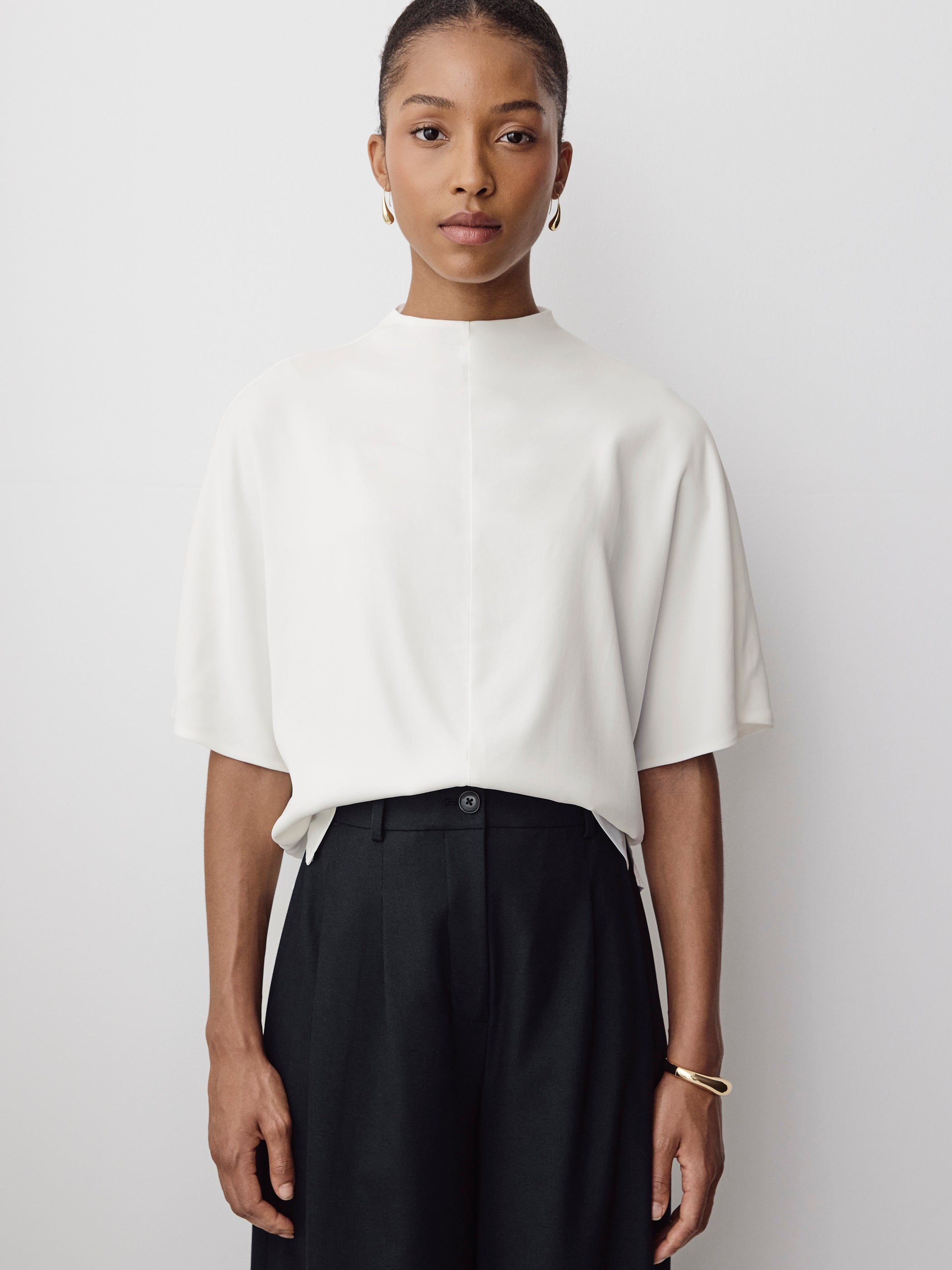 Short-Sleeve Mock-Neck Cape Blouse