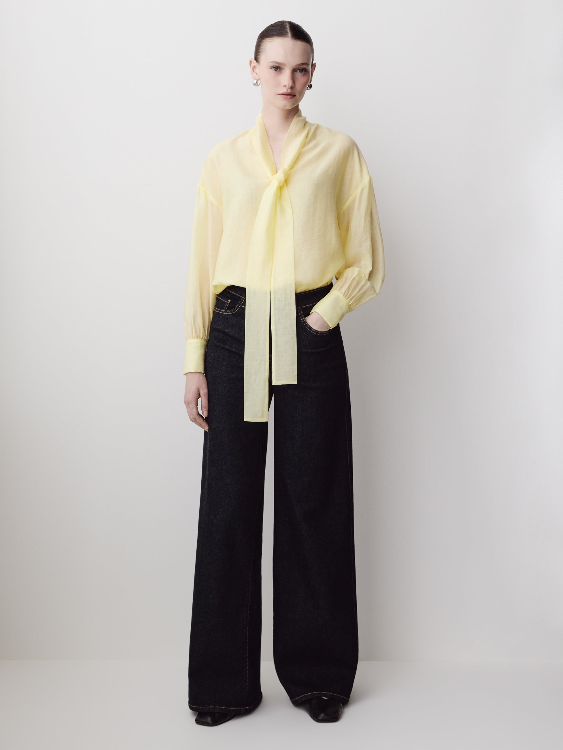 Woven Lyocell Blend Tie Sleeve Blouse