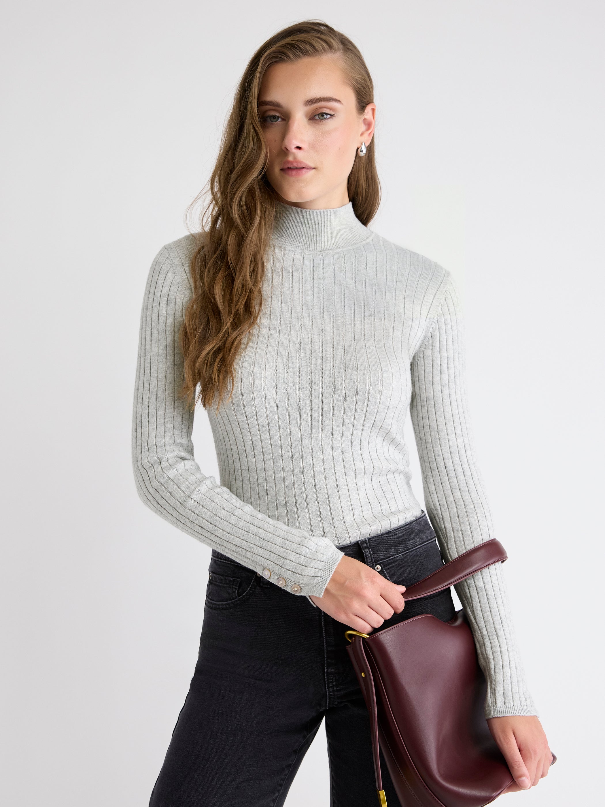 Mock-Neck Sweater with Buttons on Sleeves