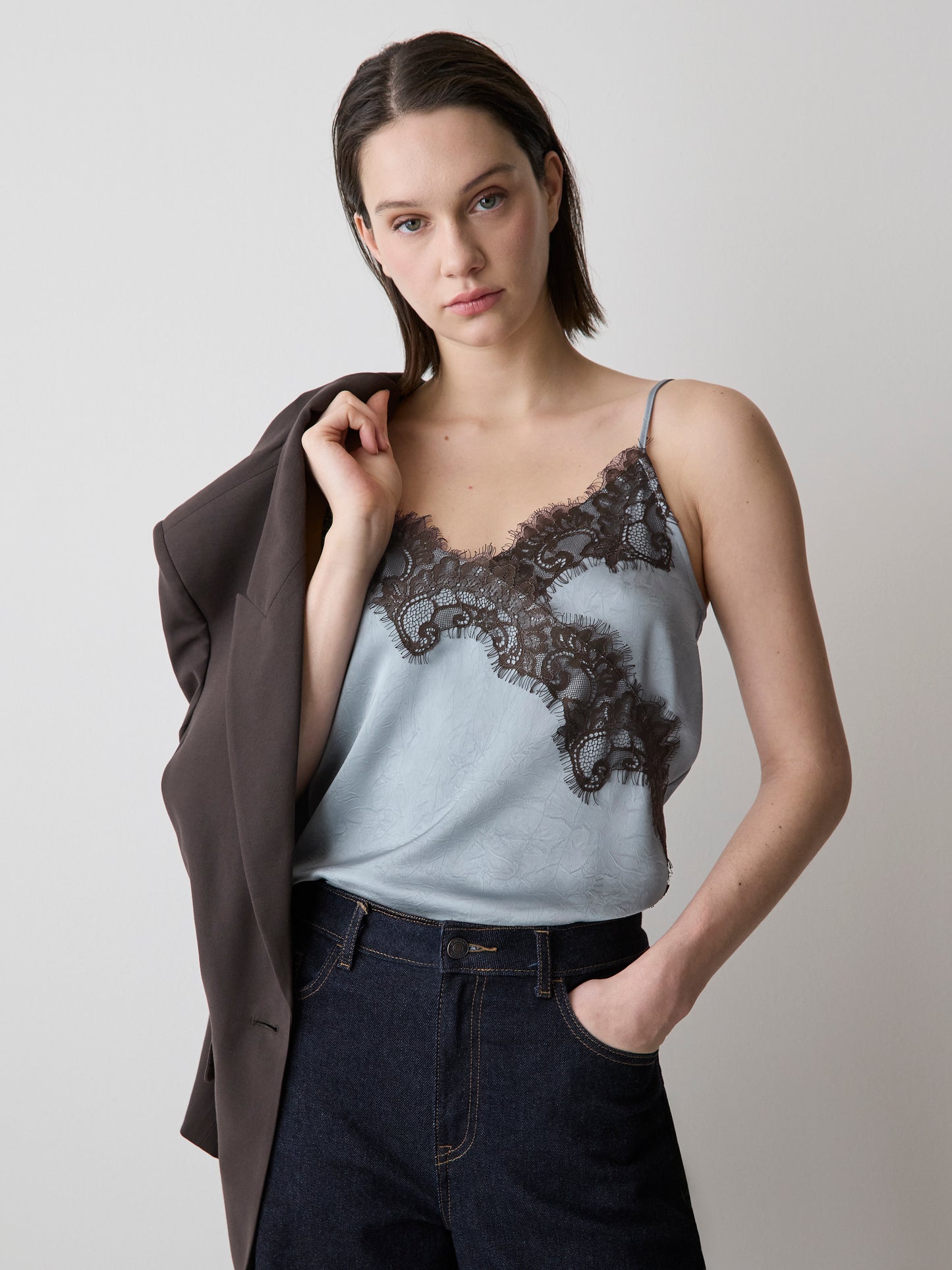 Sleeveless V-Neck Satin Blouse with Lace Trim