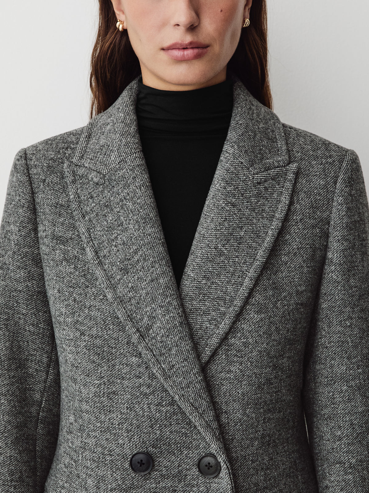 Woven Tweed Double-Breasted Long Coat with Tailored Collar