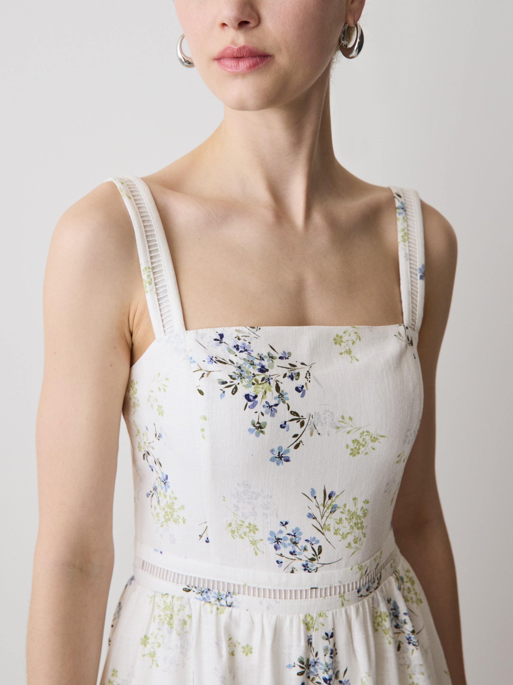 Sleeveless Square-Neck Linen-Blend Midi Dress