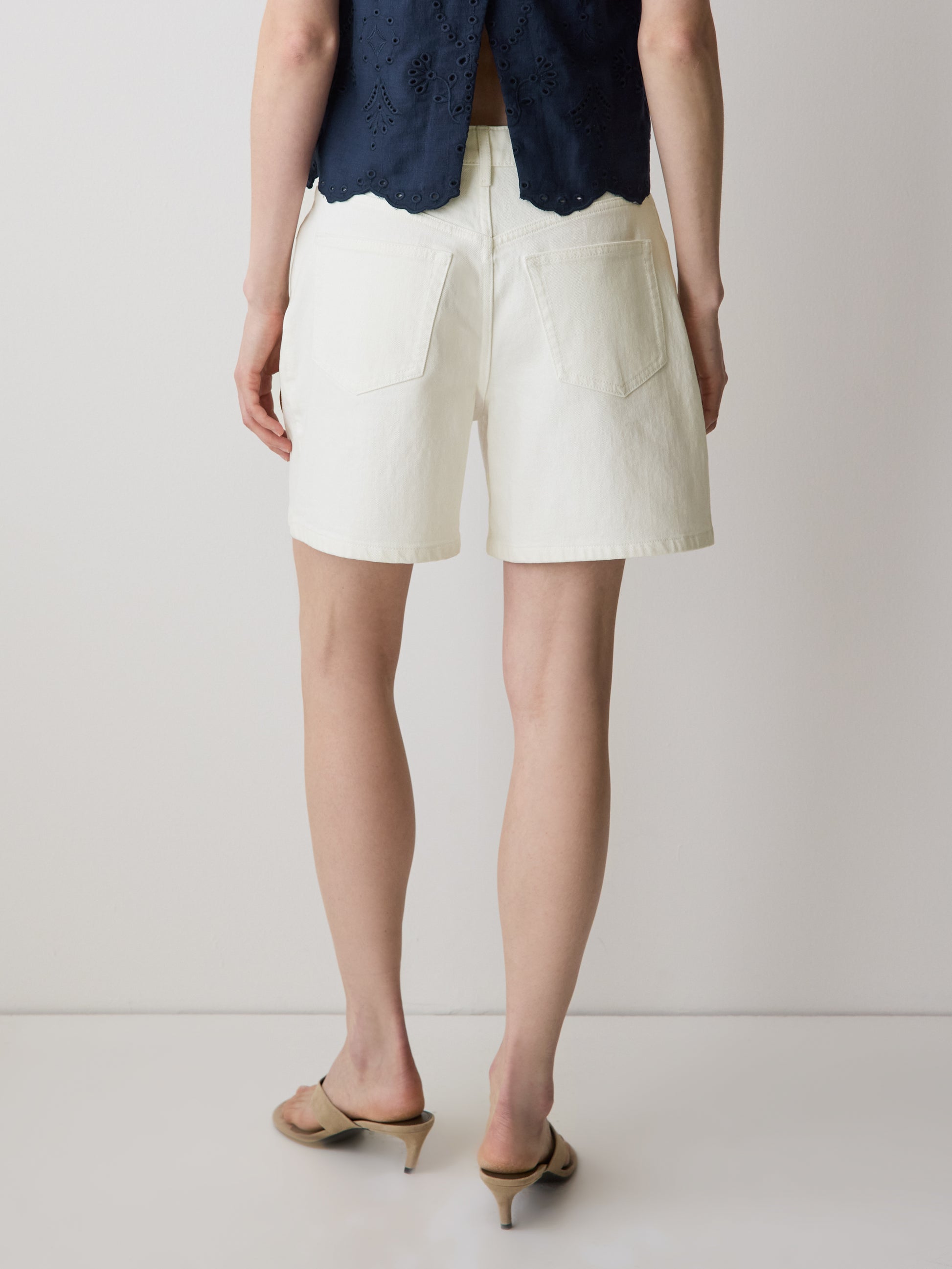 Woven Denim High Rise Mid Thigh Shorts