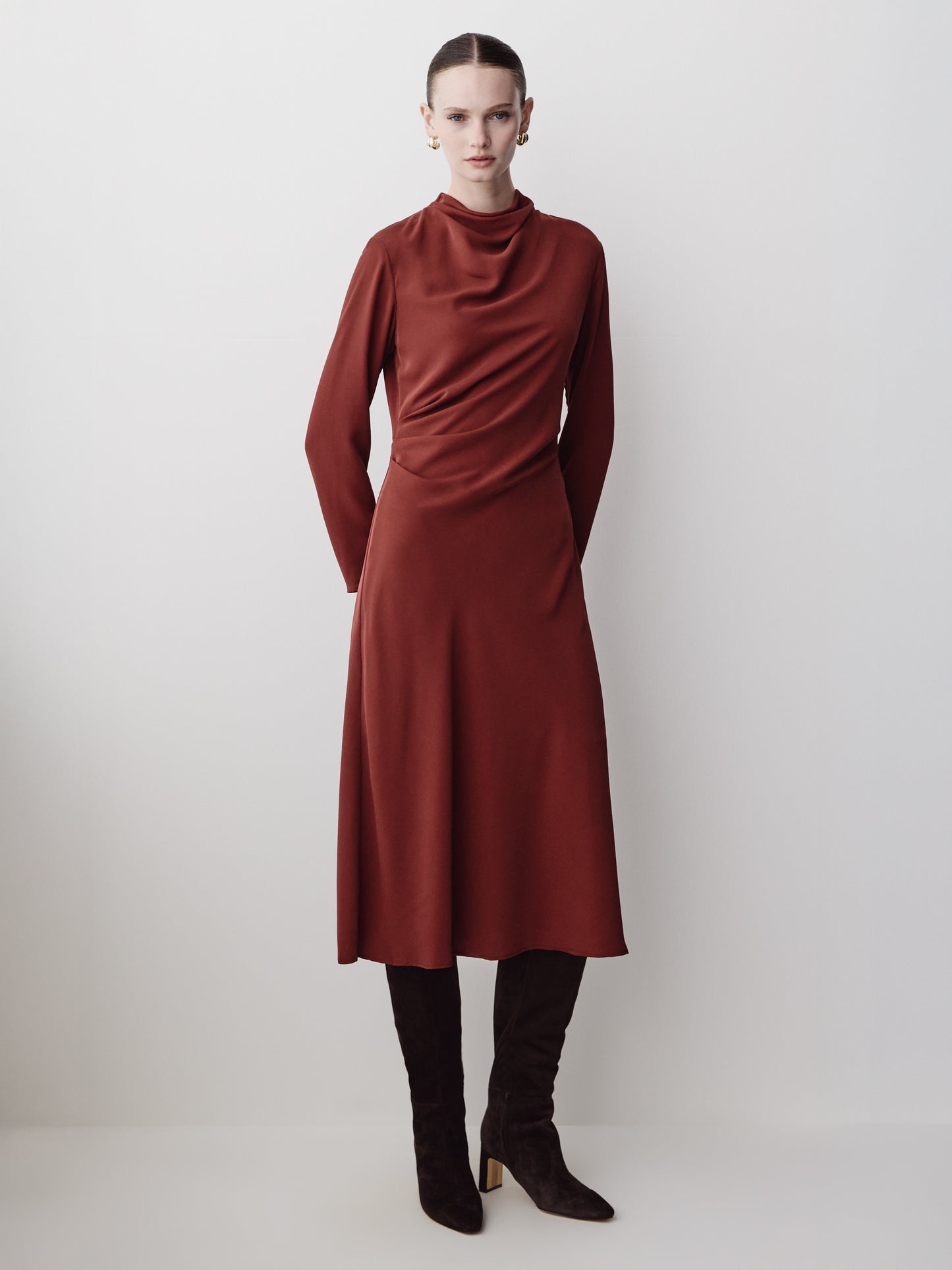 Woven Luxe Crepe Mock Neck Midi Dress