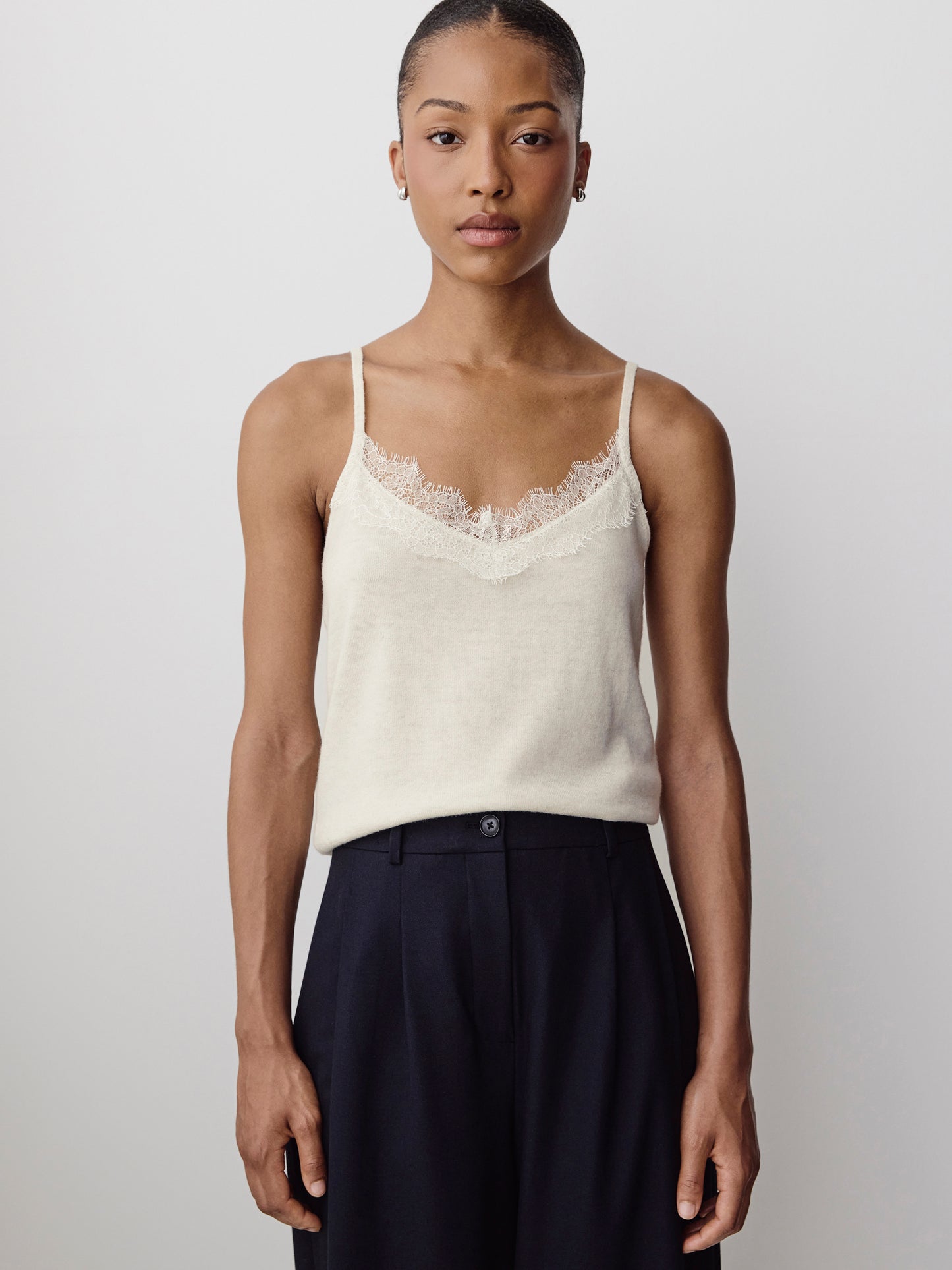Merino-Wool V-Neck Cami with Lace Trim