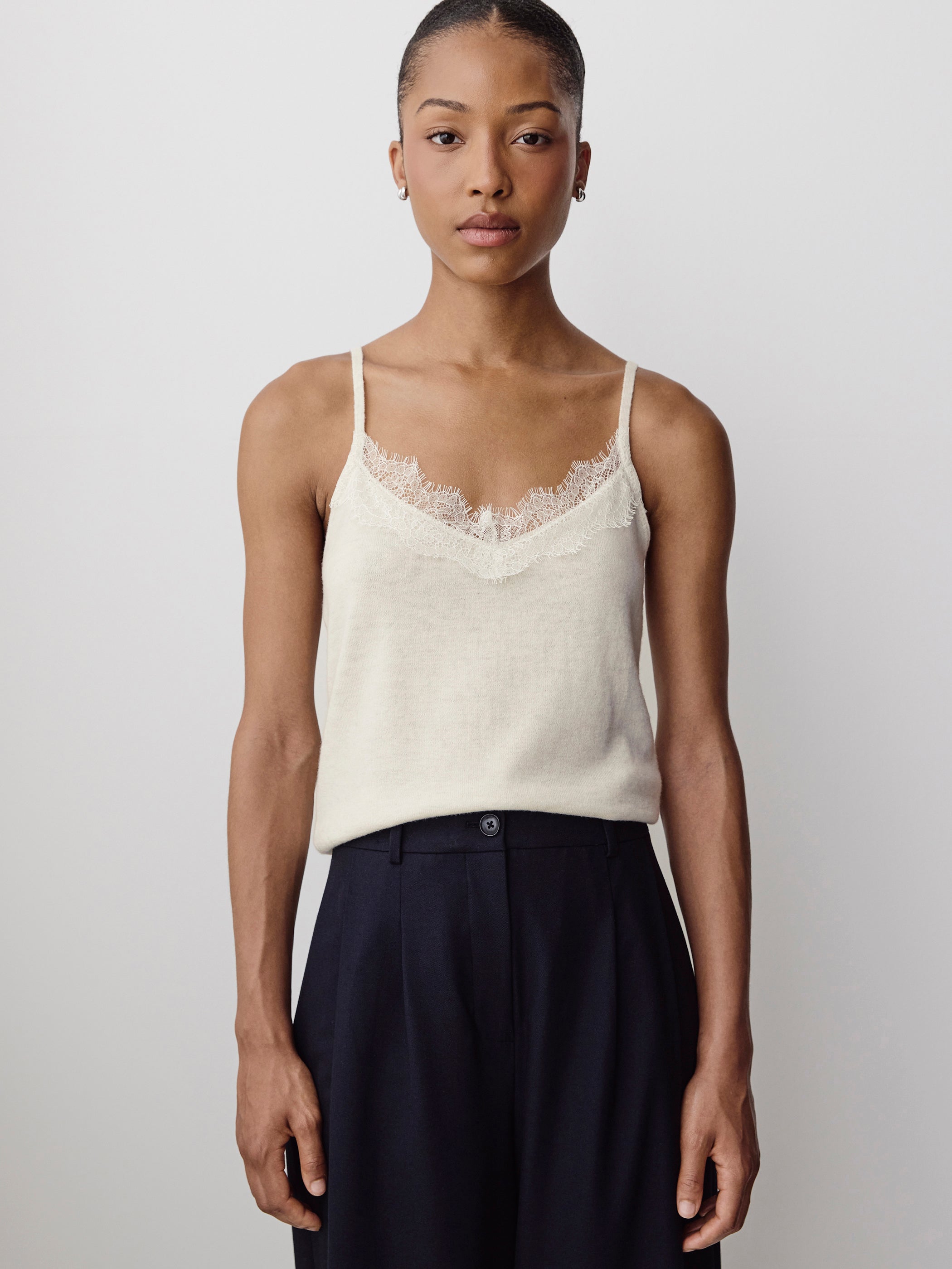 Merino-Wool V-Neck Cami with Lace Trim