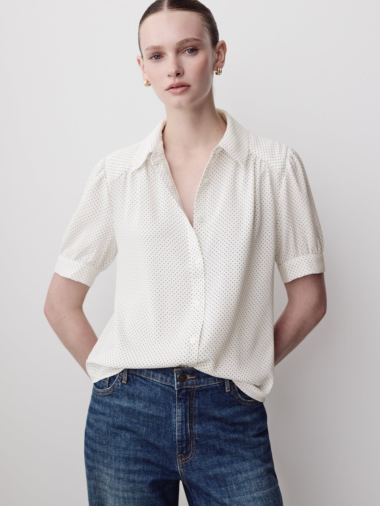 Silky Crepe Short-Sleeve Buttoned-Down Blouse