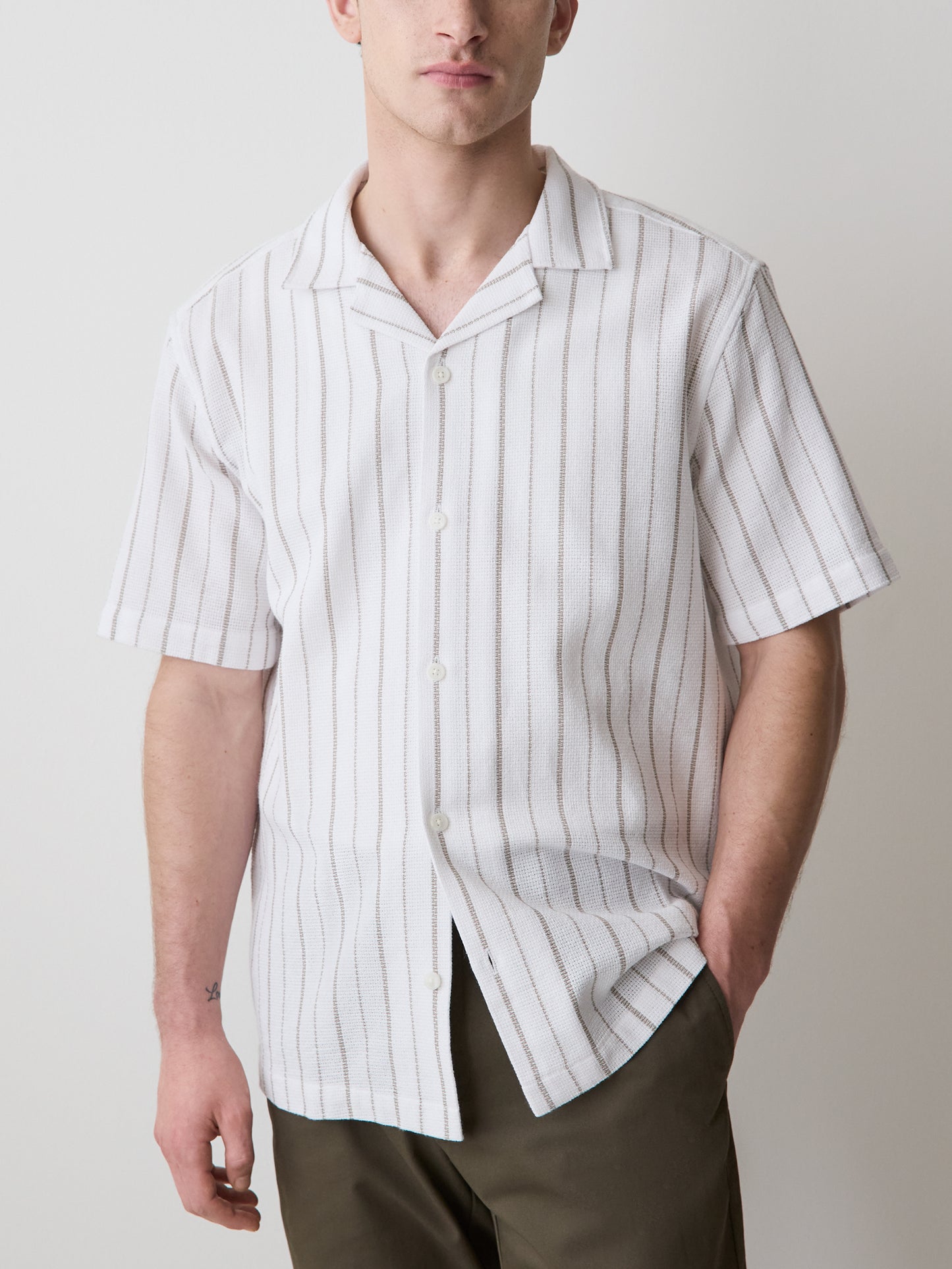 Striped Short-Sleeve Textured Shirt with Camp Collar