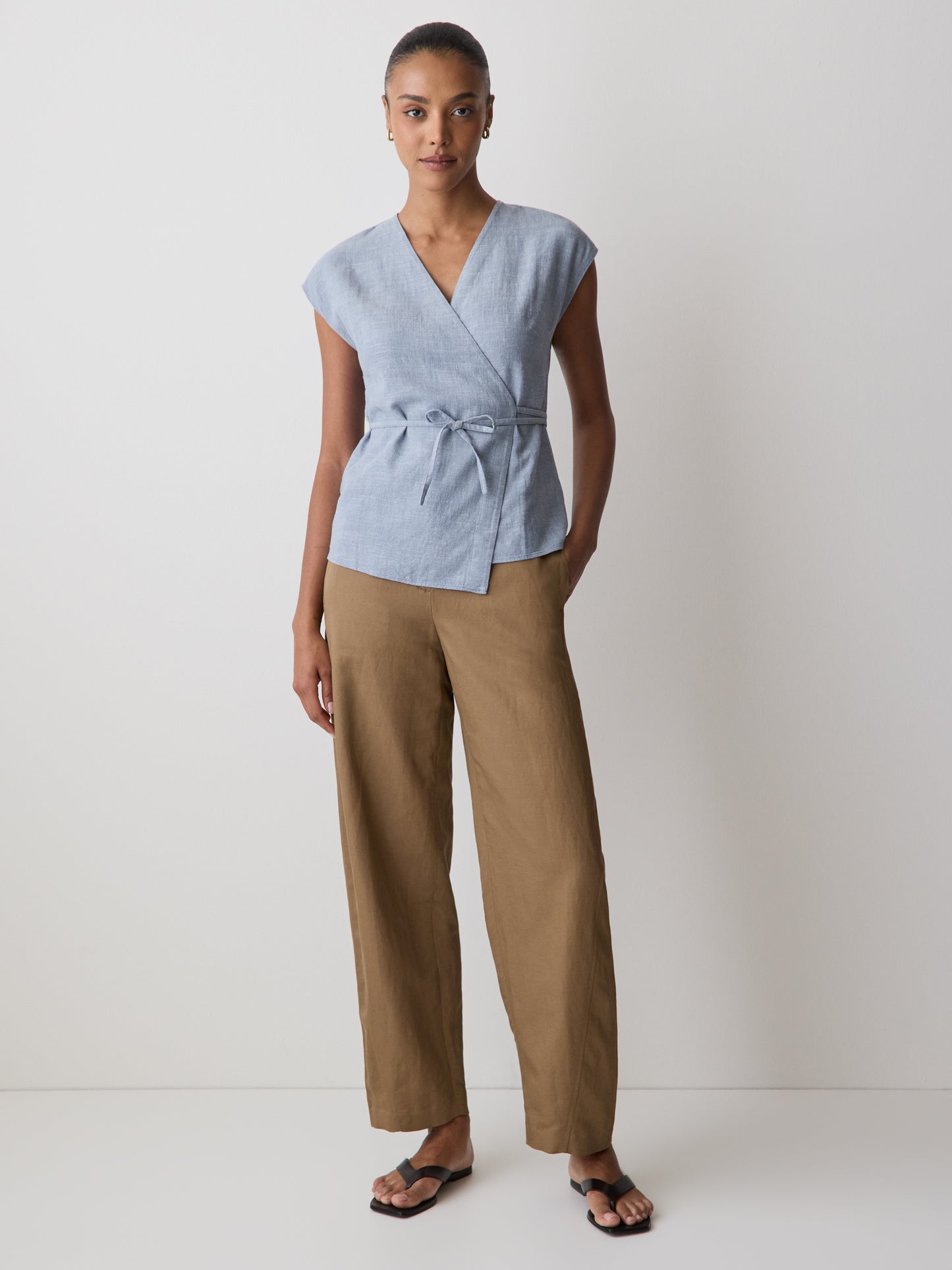 Woven Linen Blend Blouse Extended Sleeve
