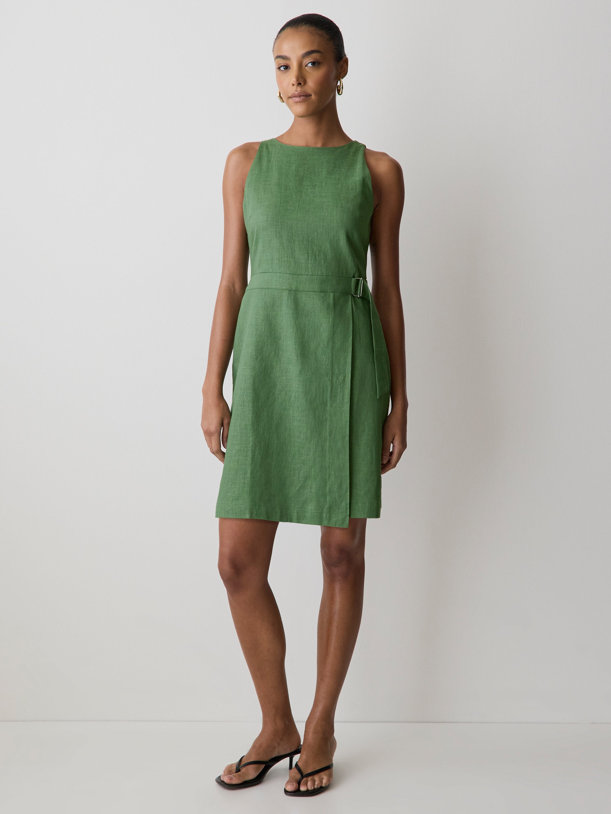 Sleeveless Boat-Neck Linen-Blend Midi Dress