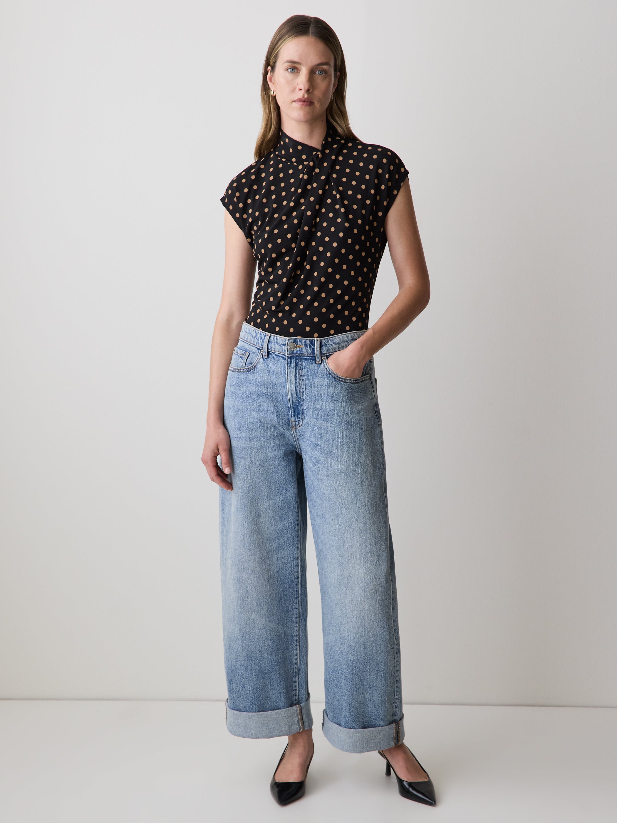 Extended-Sleeve Top with Crossover Draped Mock Neckline