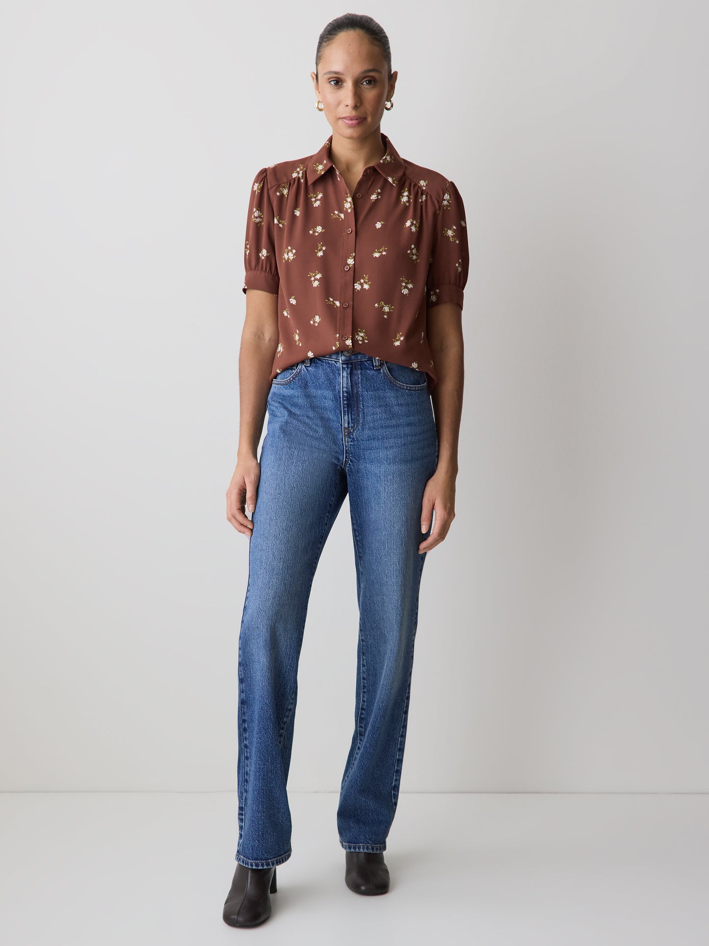 Silky Crepe Short-Sleeve Buttoned-Down Blouse