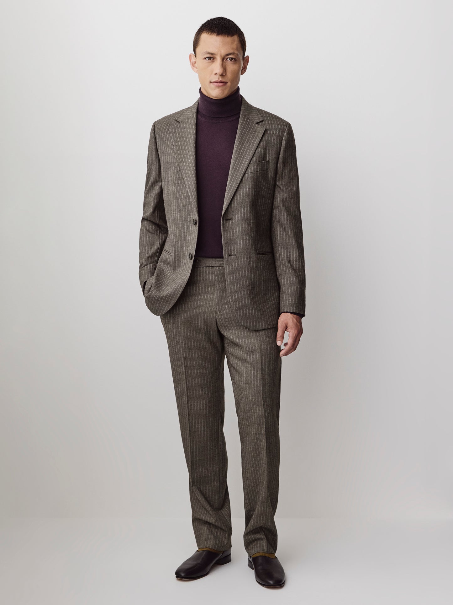 Tailored Brown Pinstripe Wool Blend Pant