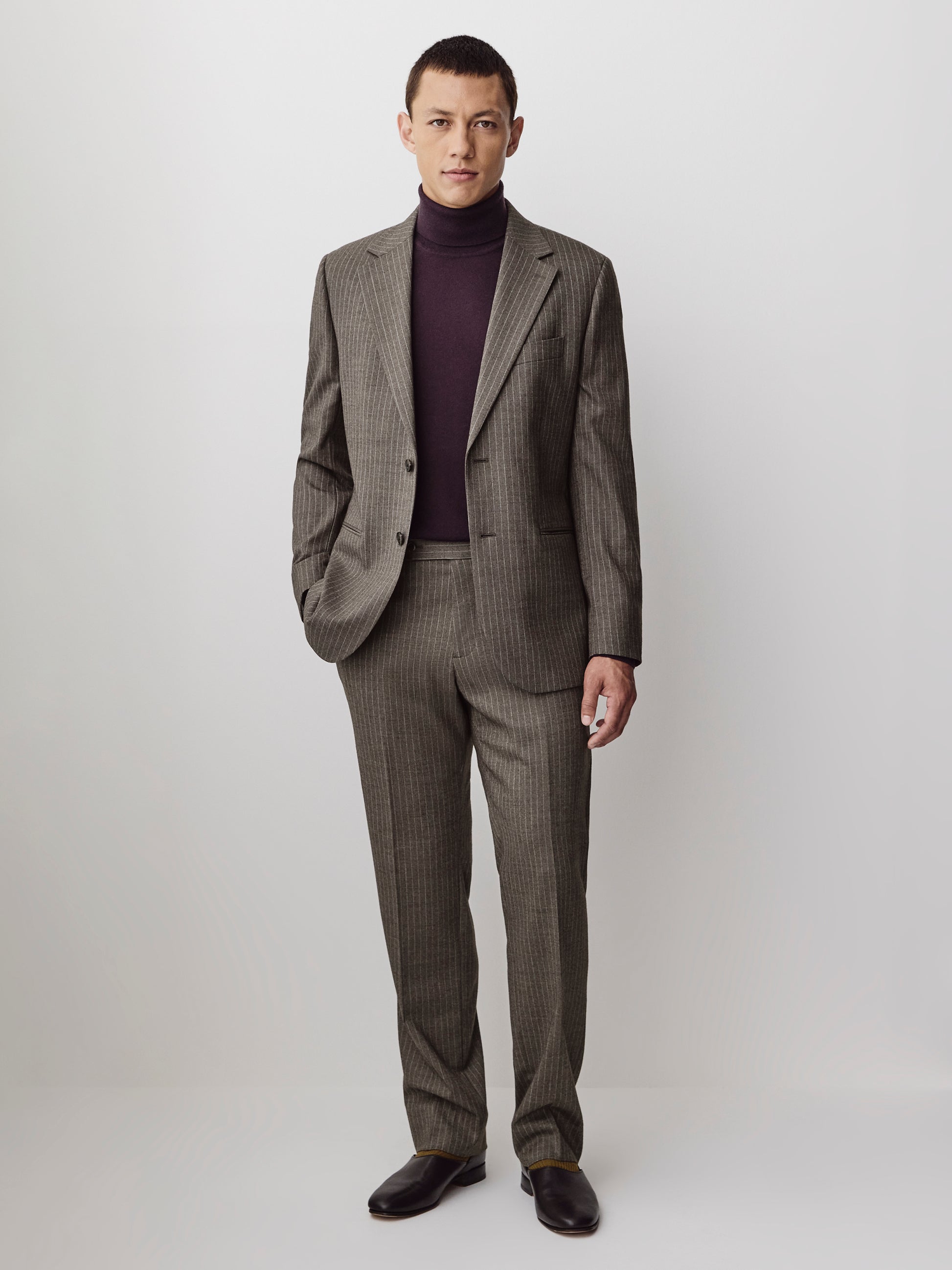 Tailored Brown Pinstripe Wool Blend Pant