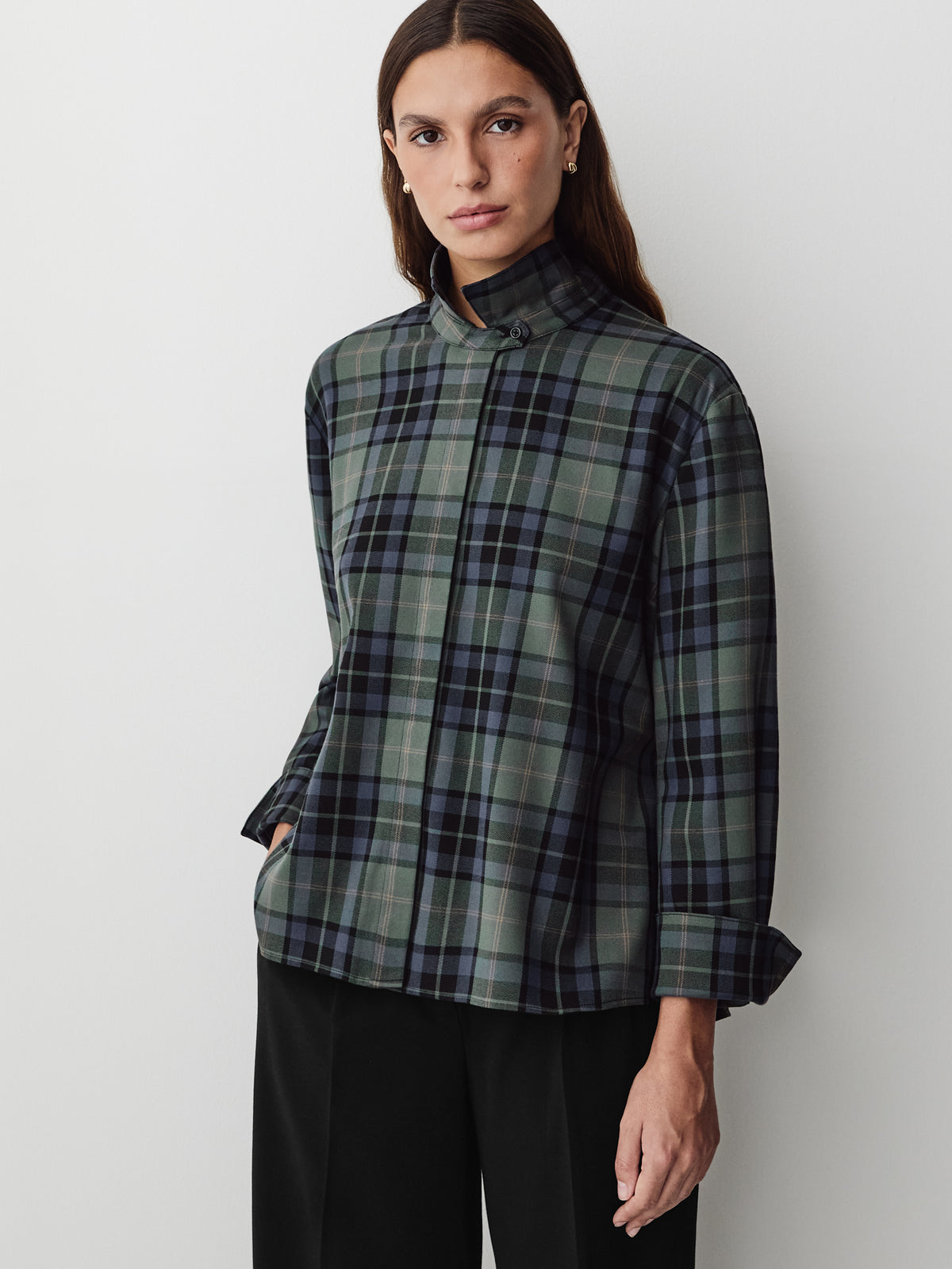 Woven Plaid Button-Up Shirt with Cape Detail