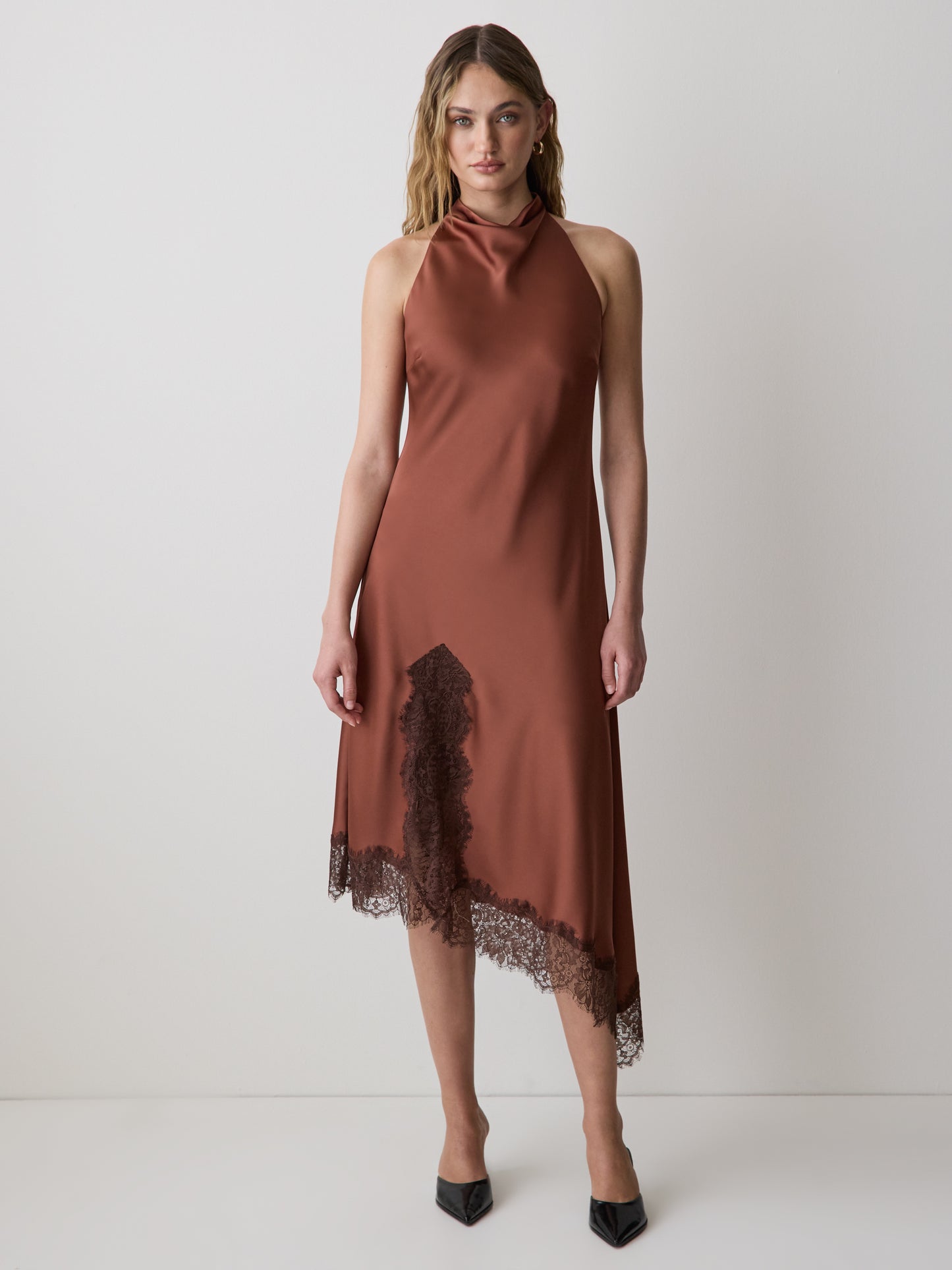 Sleeveless Cowl-Neck Dress with Asymmetrical Hem