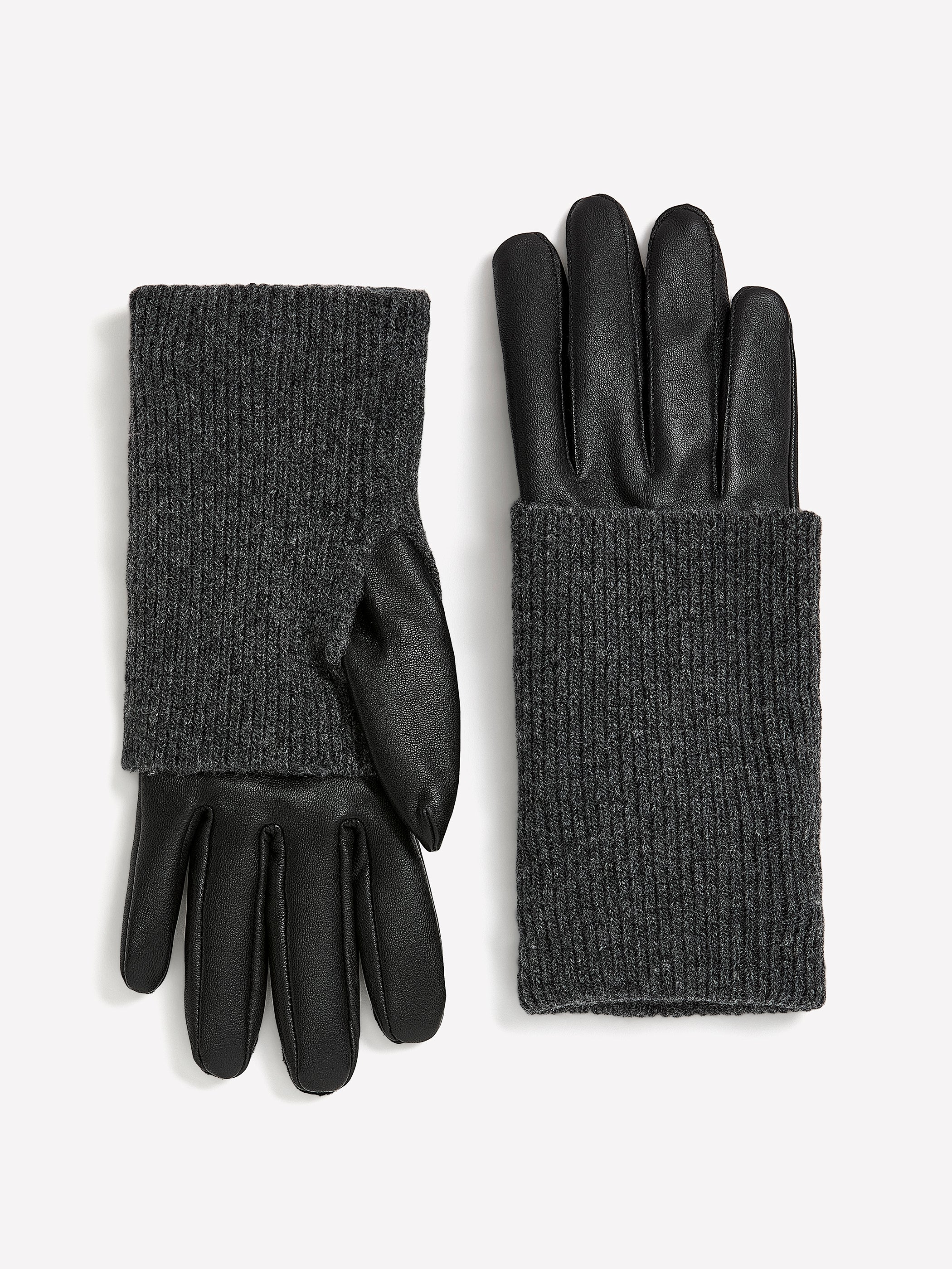 Leather Gloves with Ribbed Fold-Over