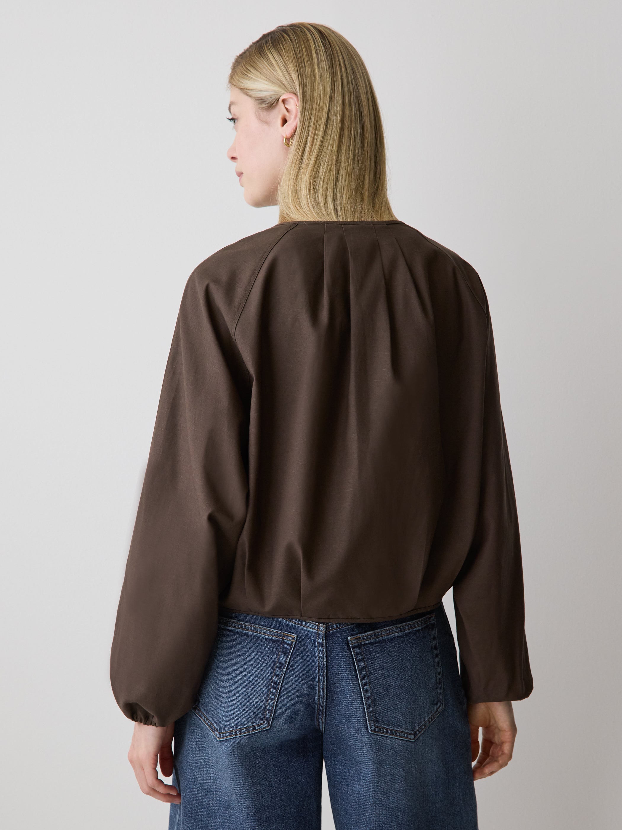 Woven Collarless Bomber Jacket with Zip Front