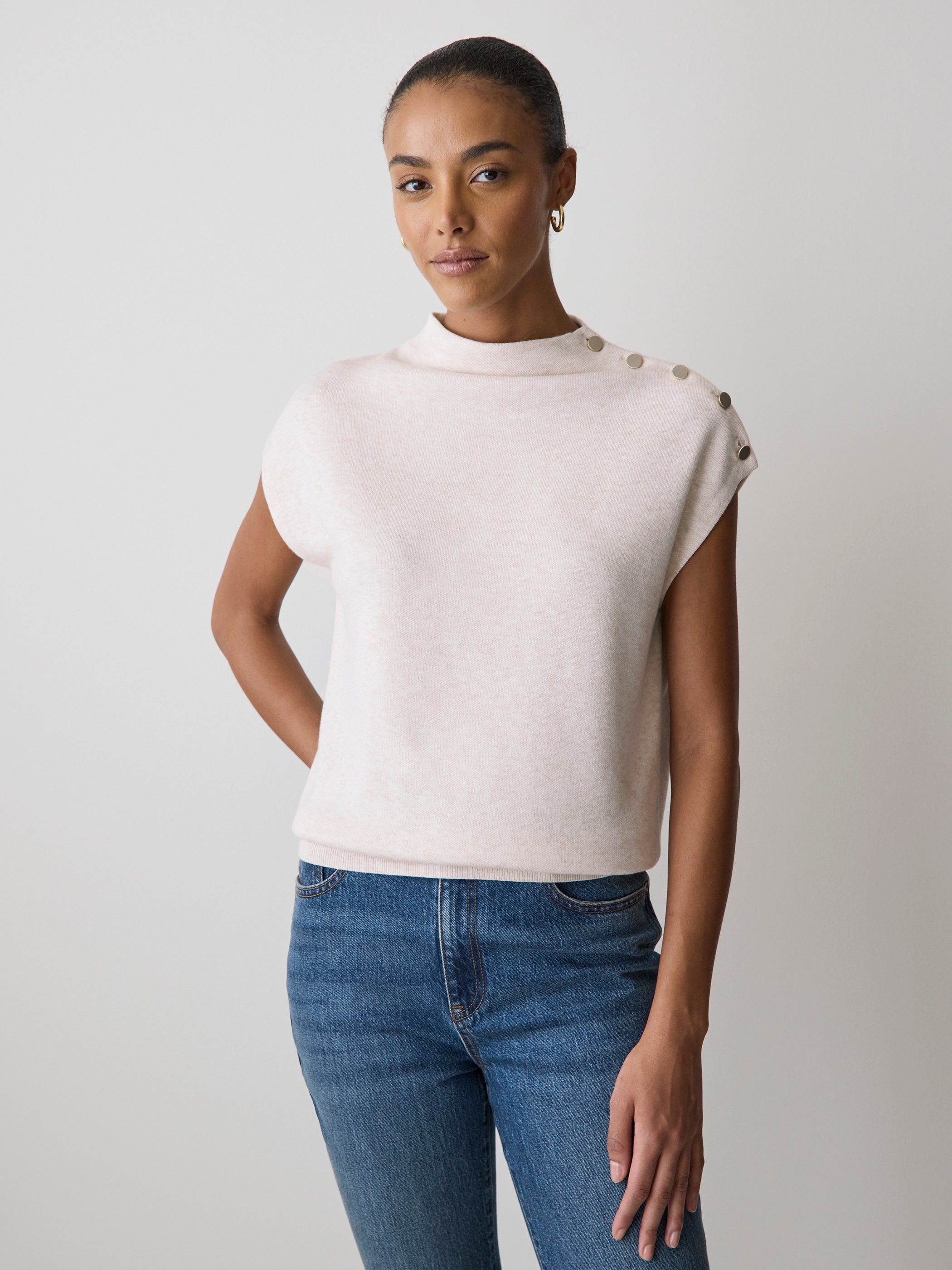 Pull Sans Manches à Col Montant avec Boutons à l'Épaule