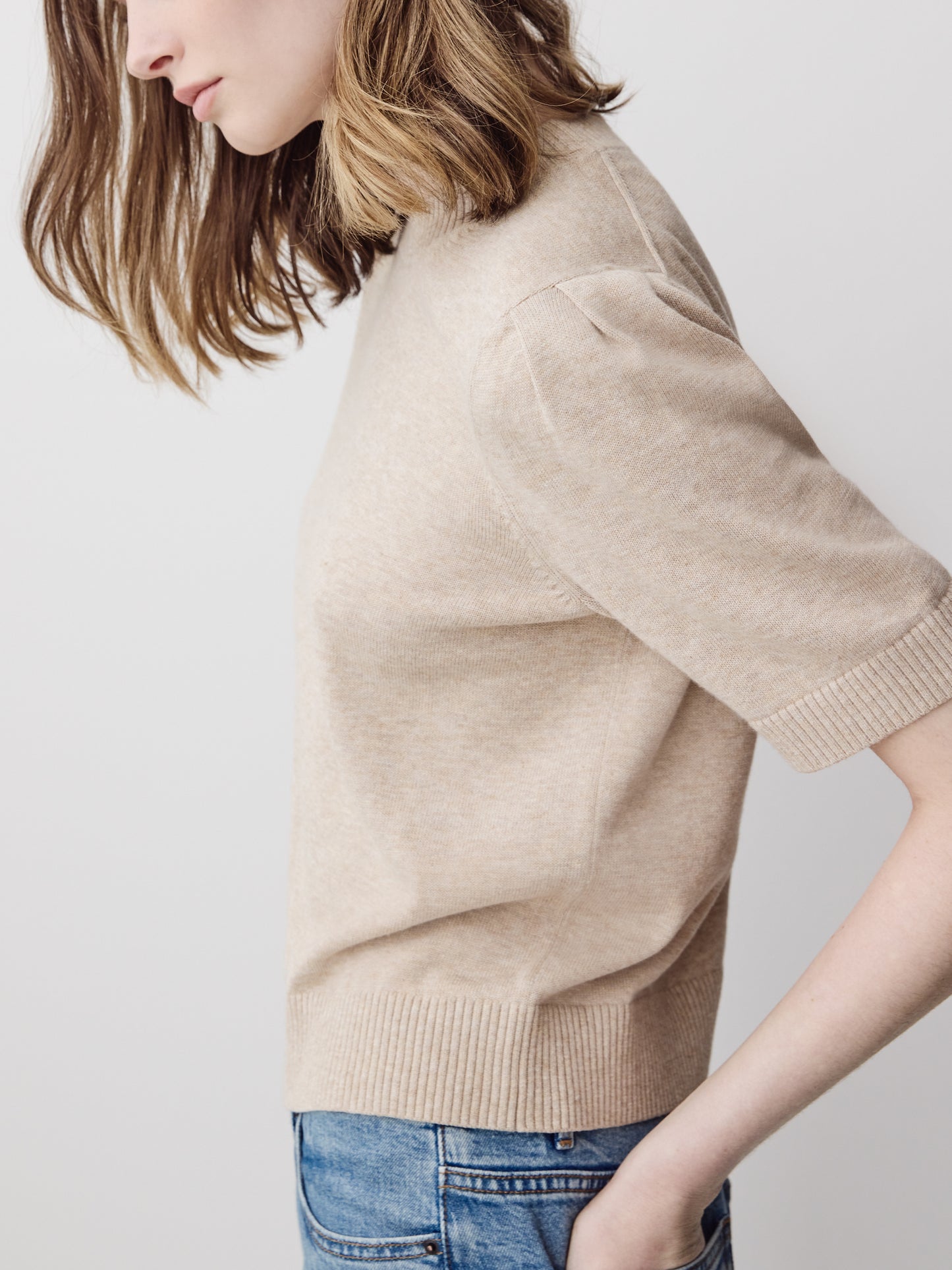 Knit Cotton Blend Crew Neck Sweater