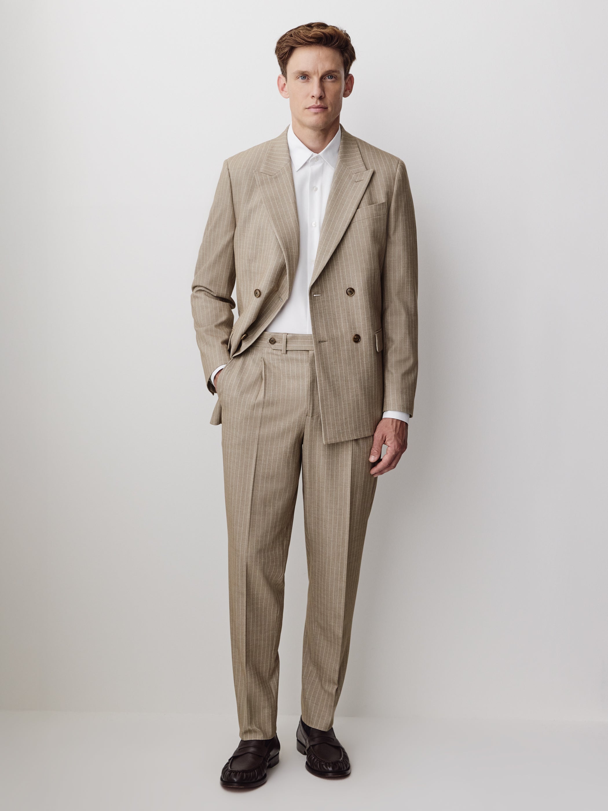 Pleated Tapered-Leg Striped Suit Pant