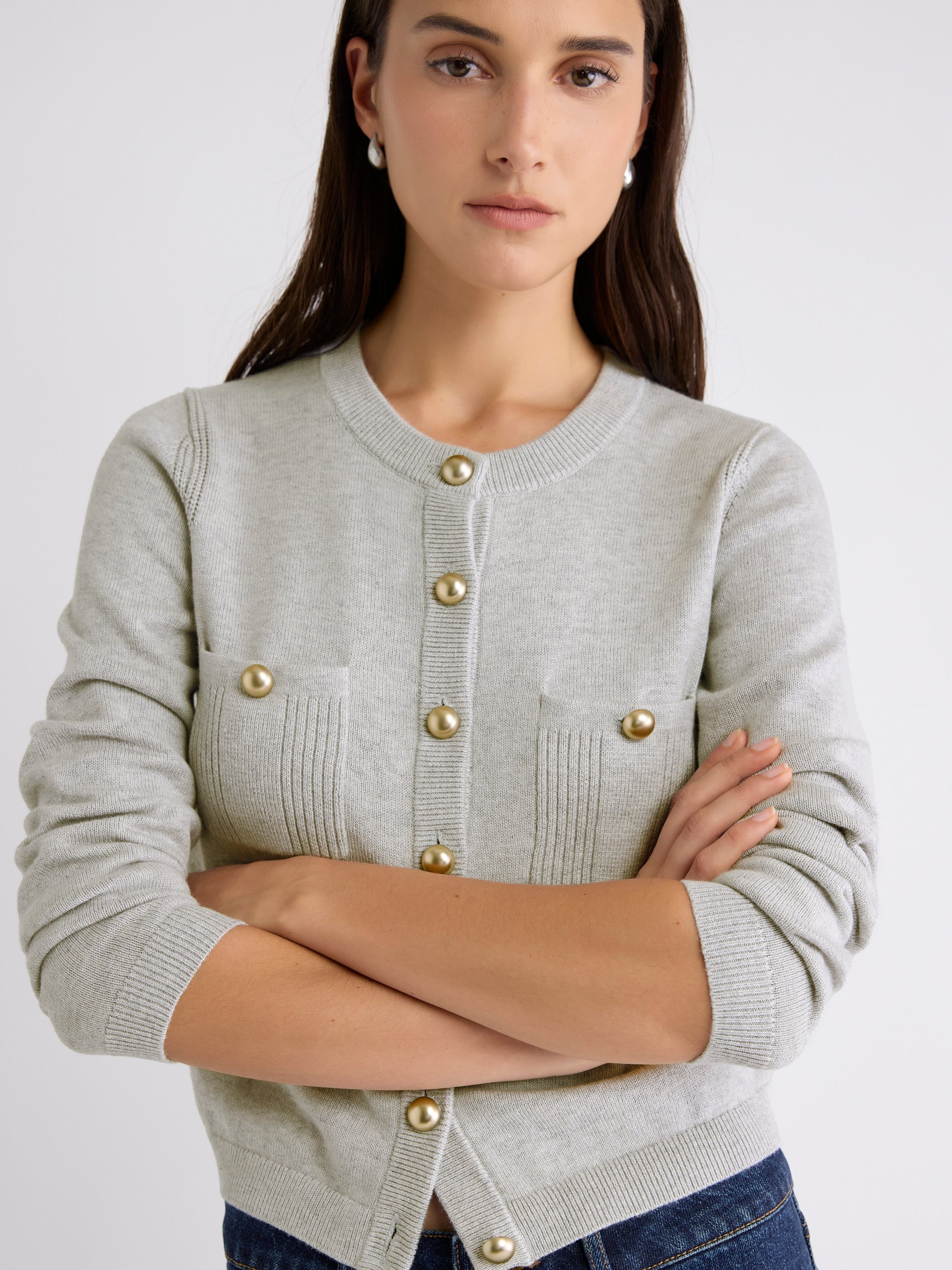 Cardigan Court à Manches Longues avec Poches à la Poitrine