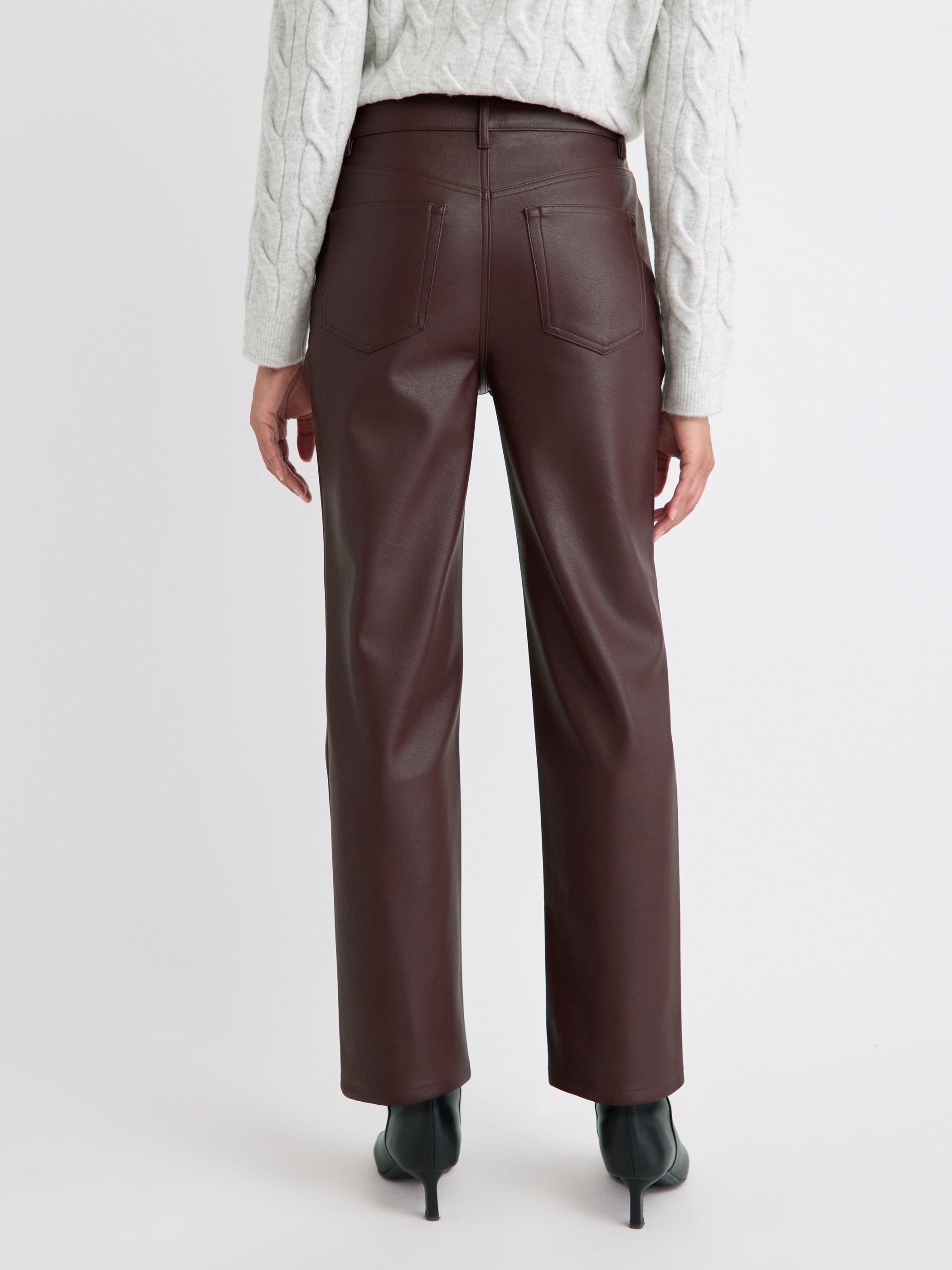 Pantalon Taille Haute en Faux Cuir à Jambe Droite
