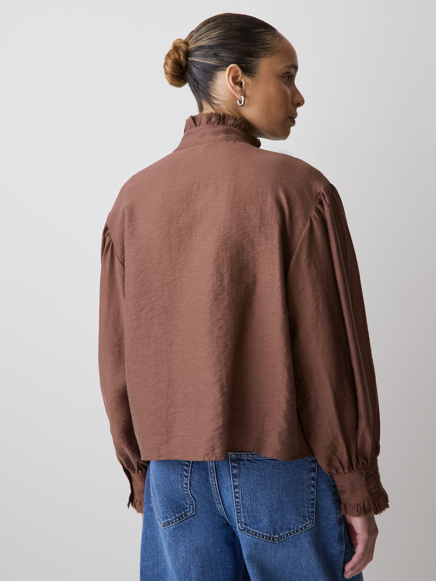 Long-Sleeve Crew-Neck Blouse with Ruffles
