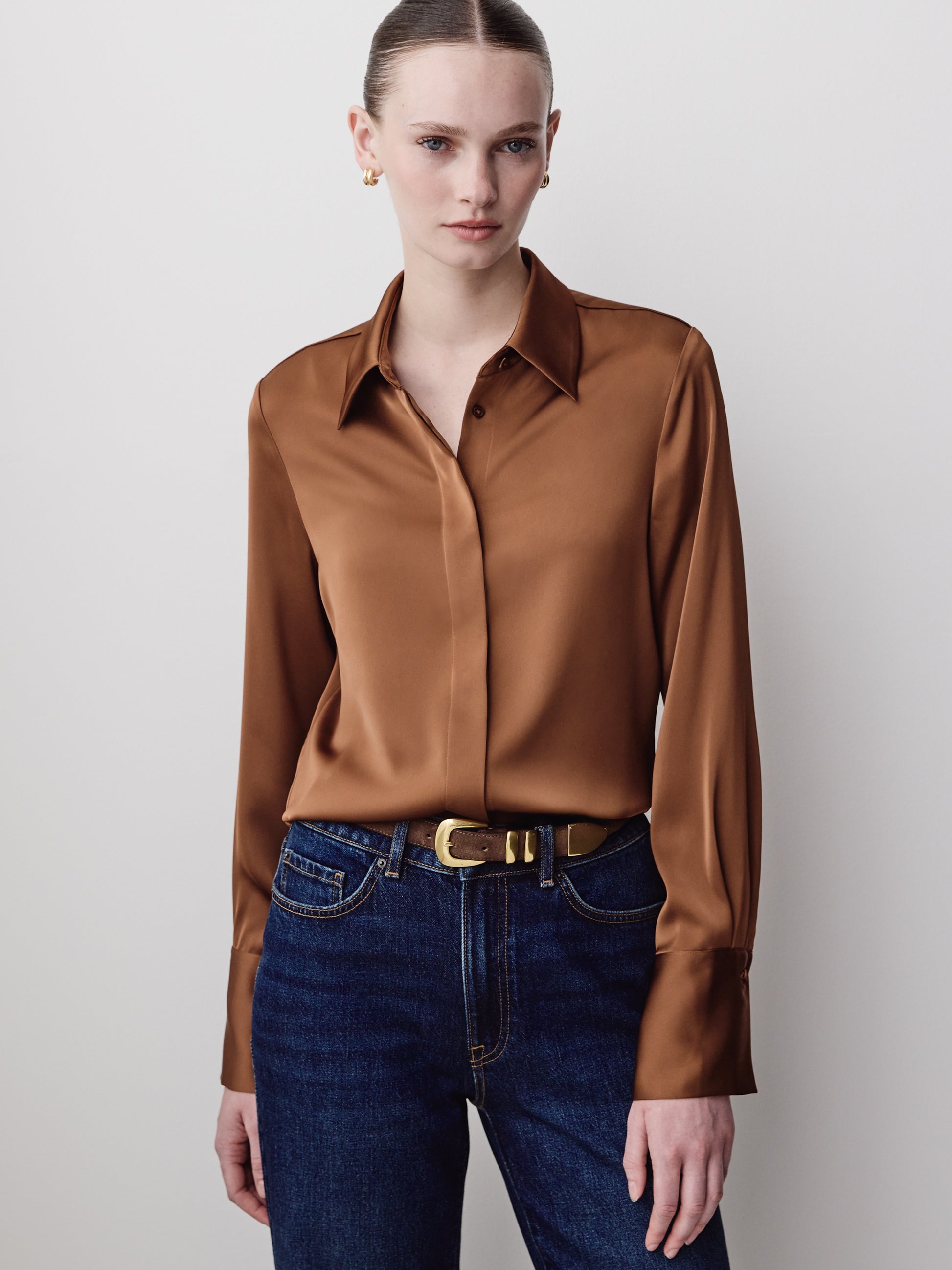 Woven Satin Long Sleeve Shirt