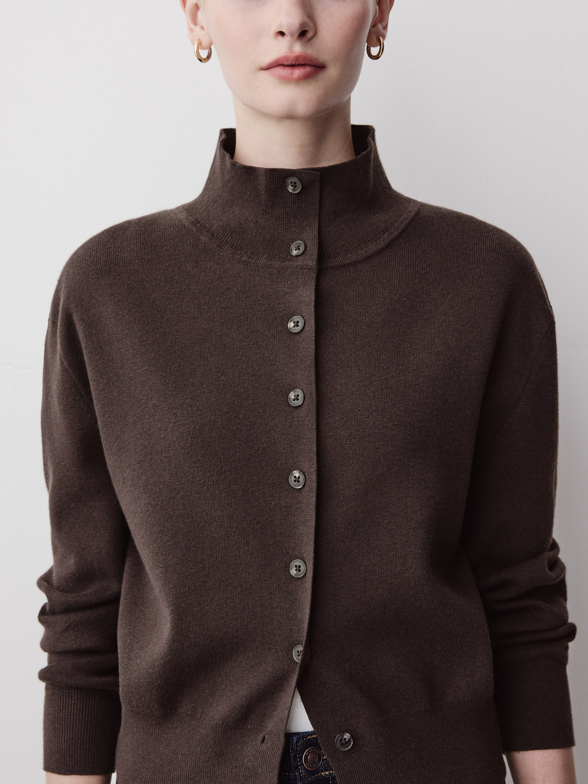 Knit Cardigan Cotton Nylon Blend Mock Neck