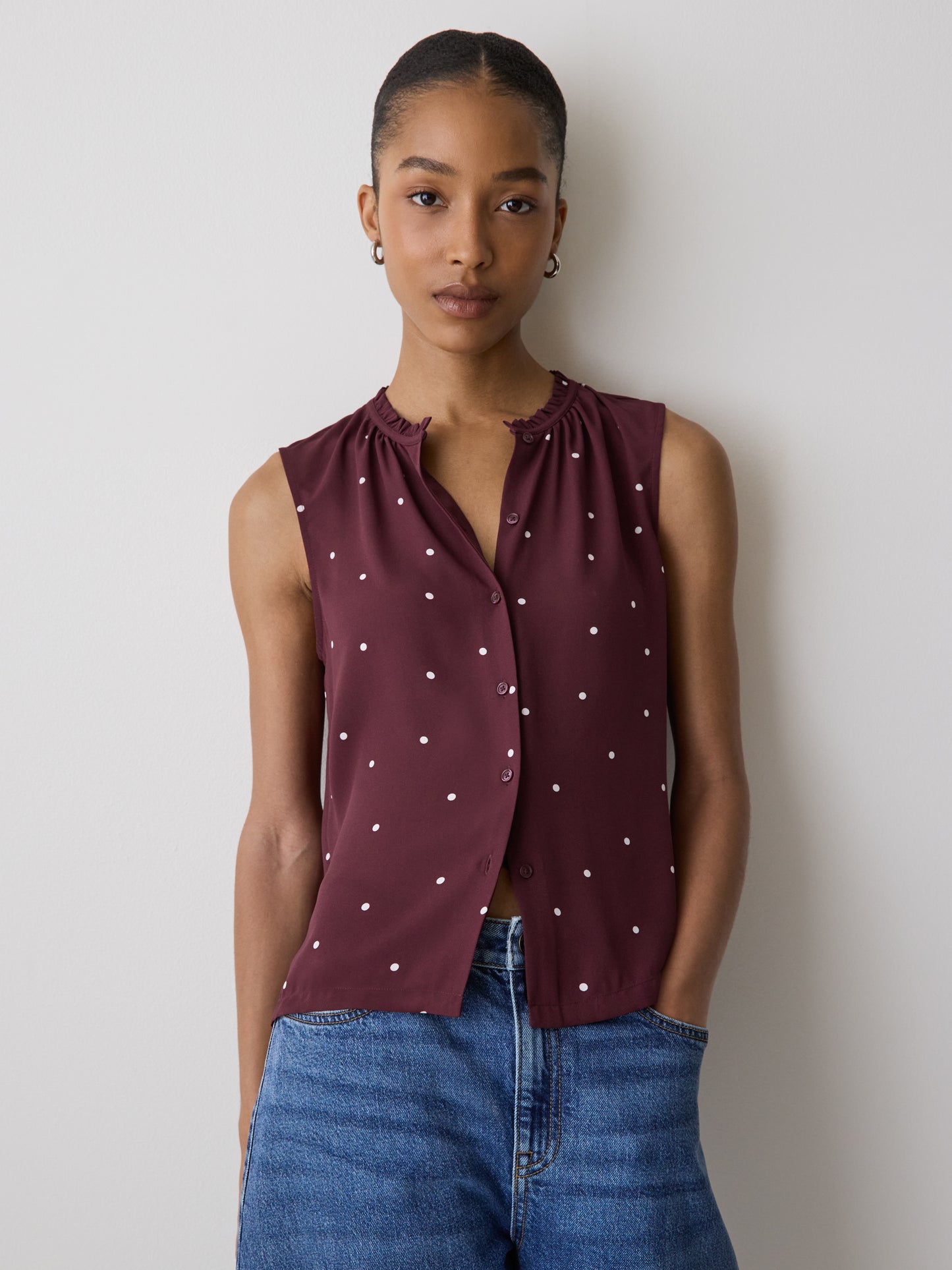 Sleeveless Buttoned-Down Blouse with Ruffled Trim