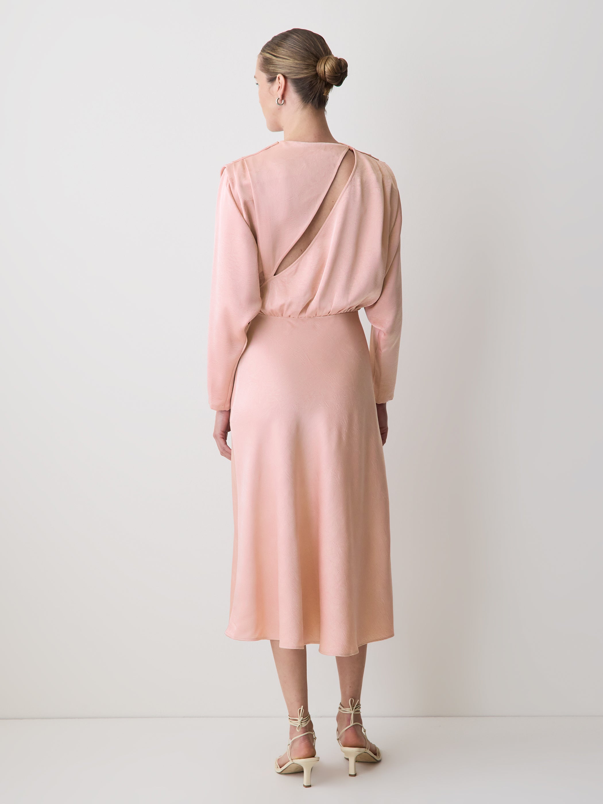 Satin Long-Sleeve Crew-Neck Midi Dress