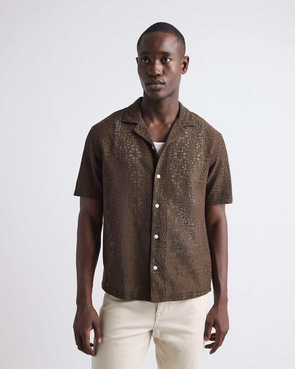 Short-Sleeve Lace Shirt with Camp Collar