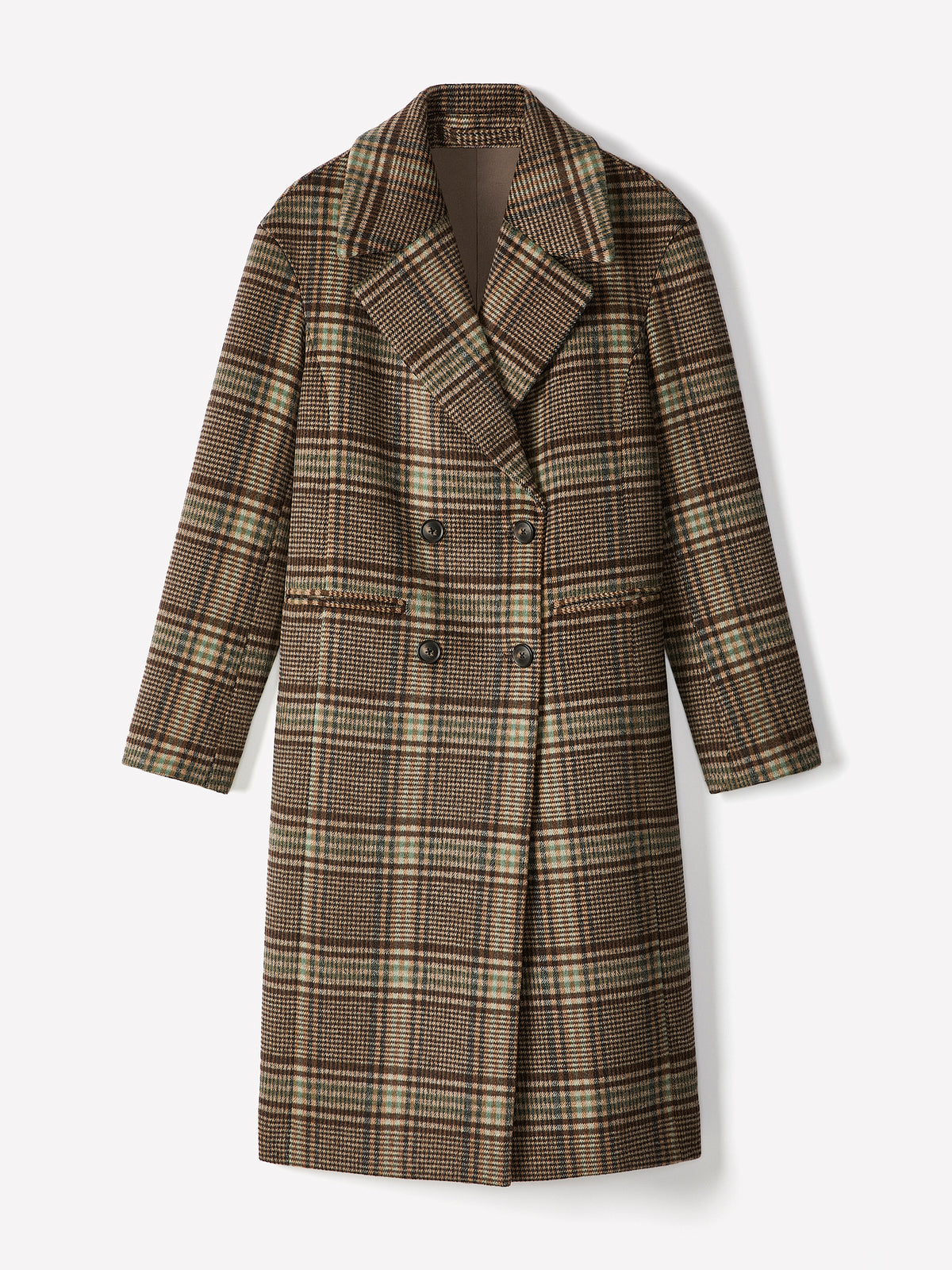 Plaid Wool-Blend Long Double-Breasted Coat