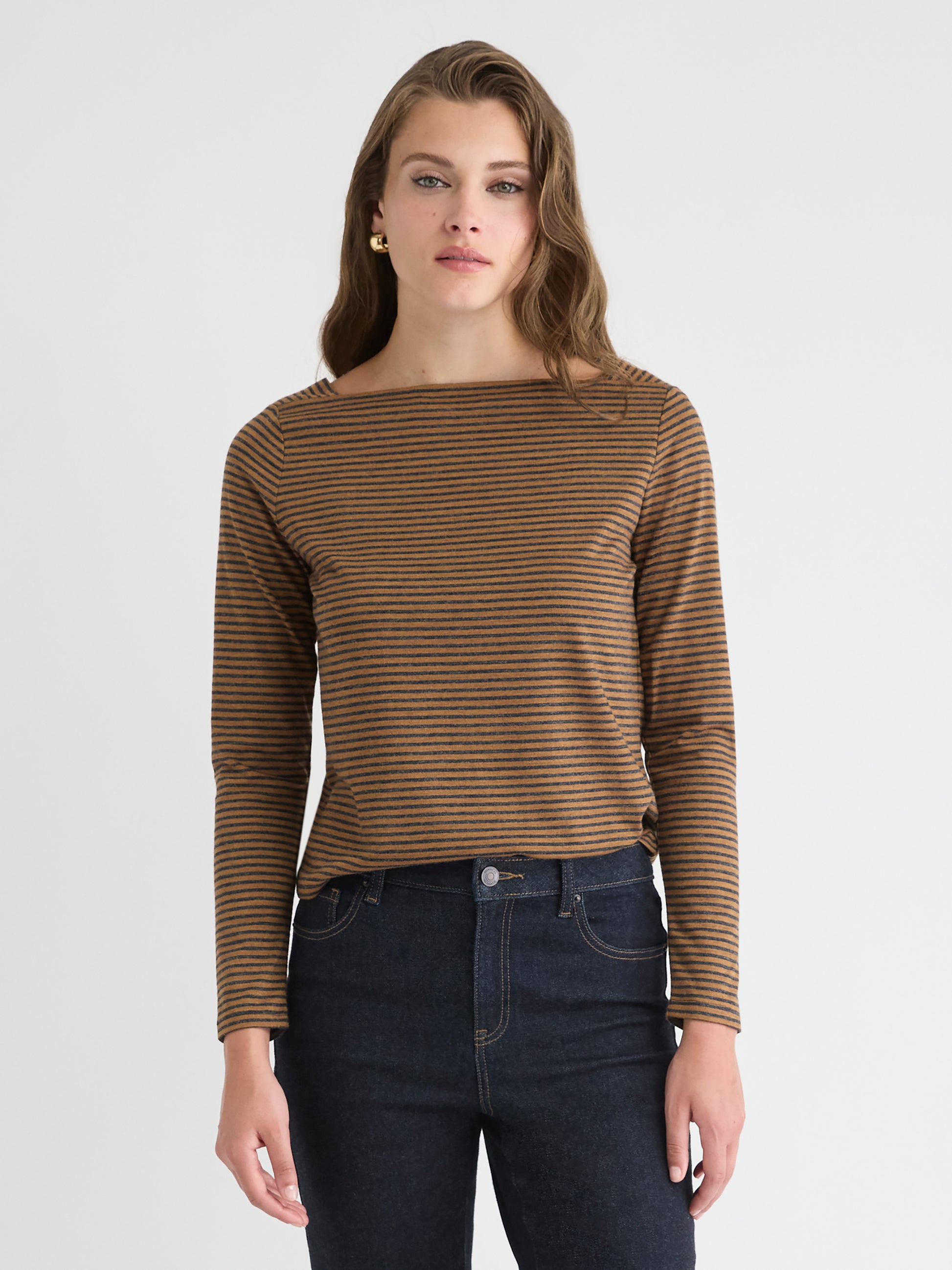 Striped Long-Sleeve Boat-Neck Top