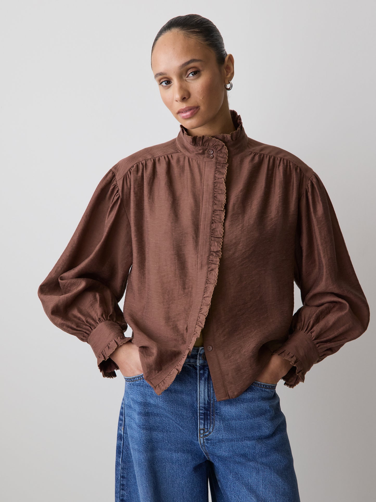 Long-Sleeve Crew-Neck Blouse with Ruffles