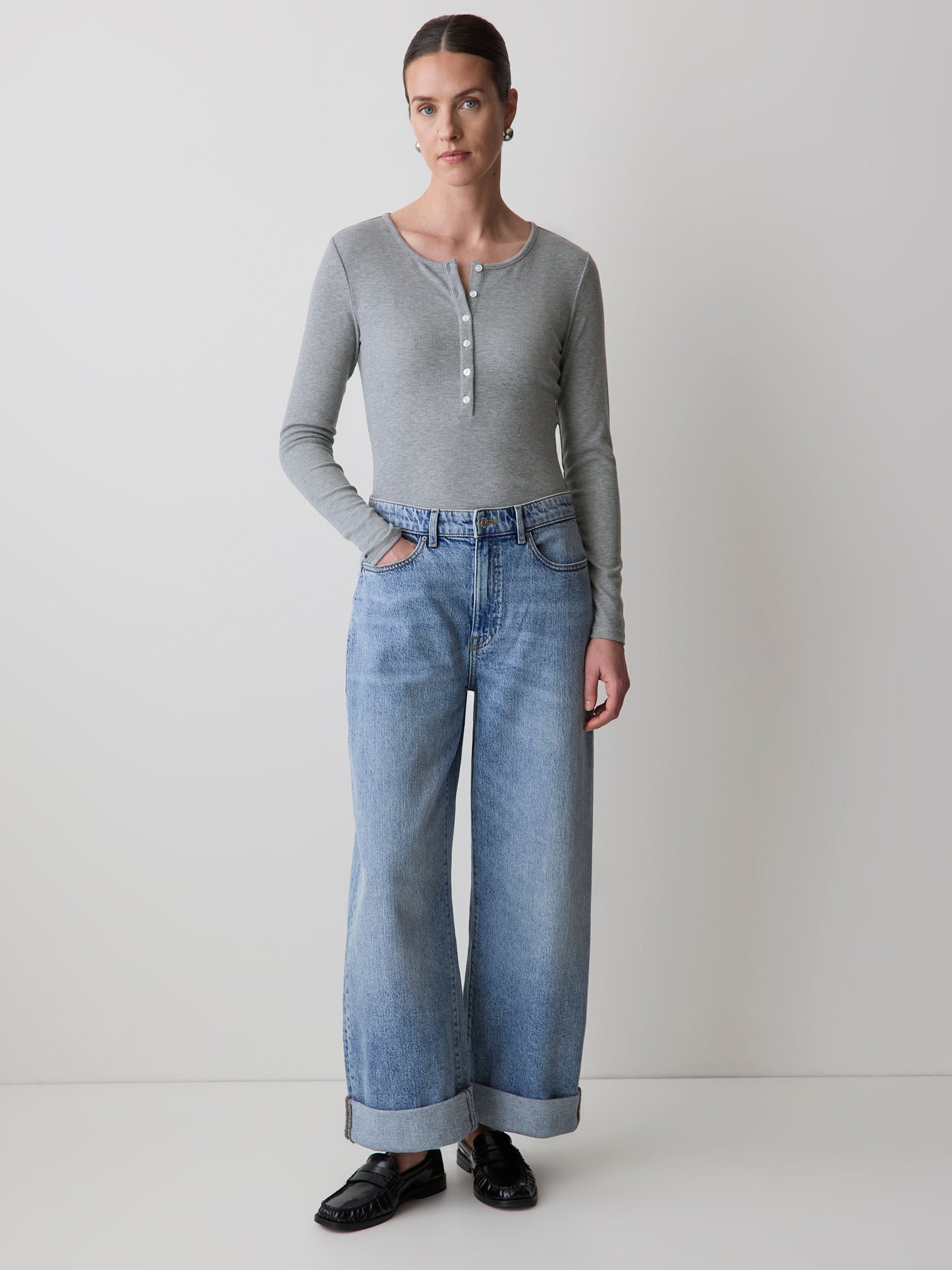 Long-Sleeve Henley Ribbed Top