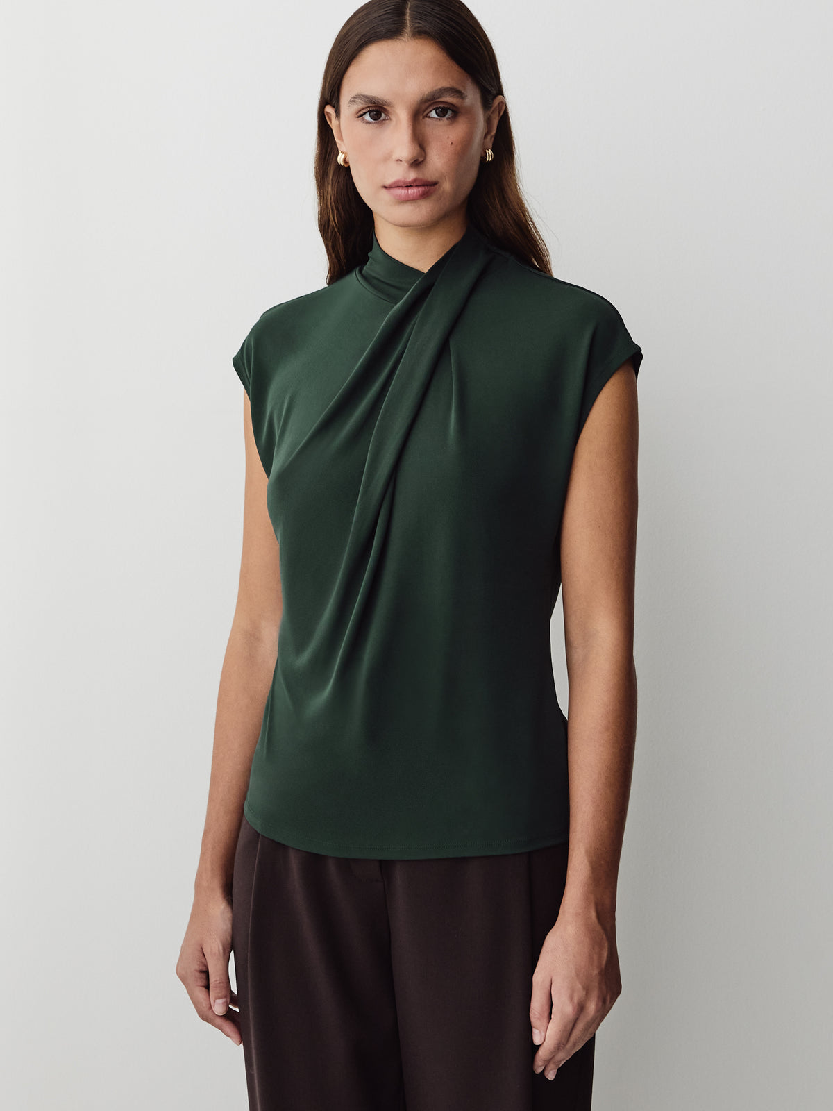 Extended-Sleeve Top with Crossover Draped Mock Neckline