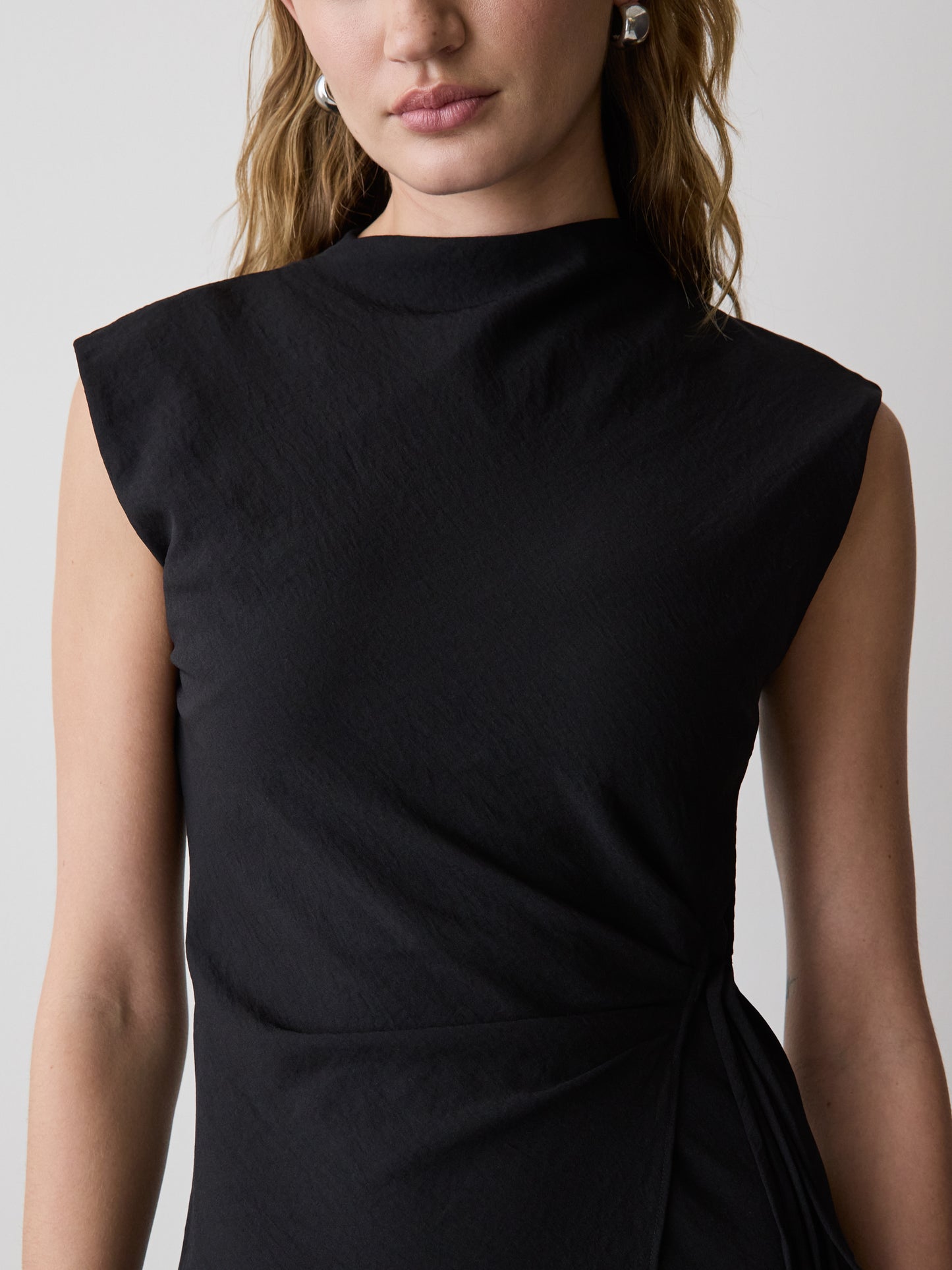 Extended-Sleeve Mock-Neck Midi Dress with Wrap Detail