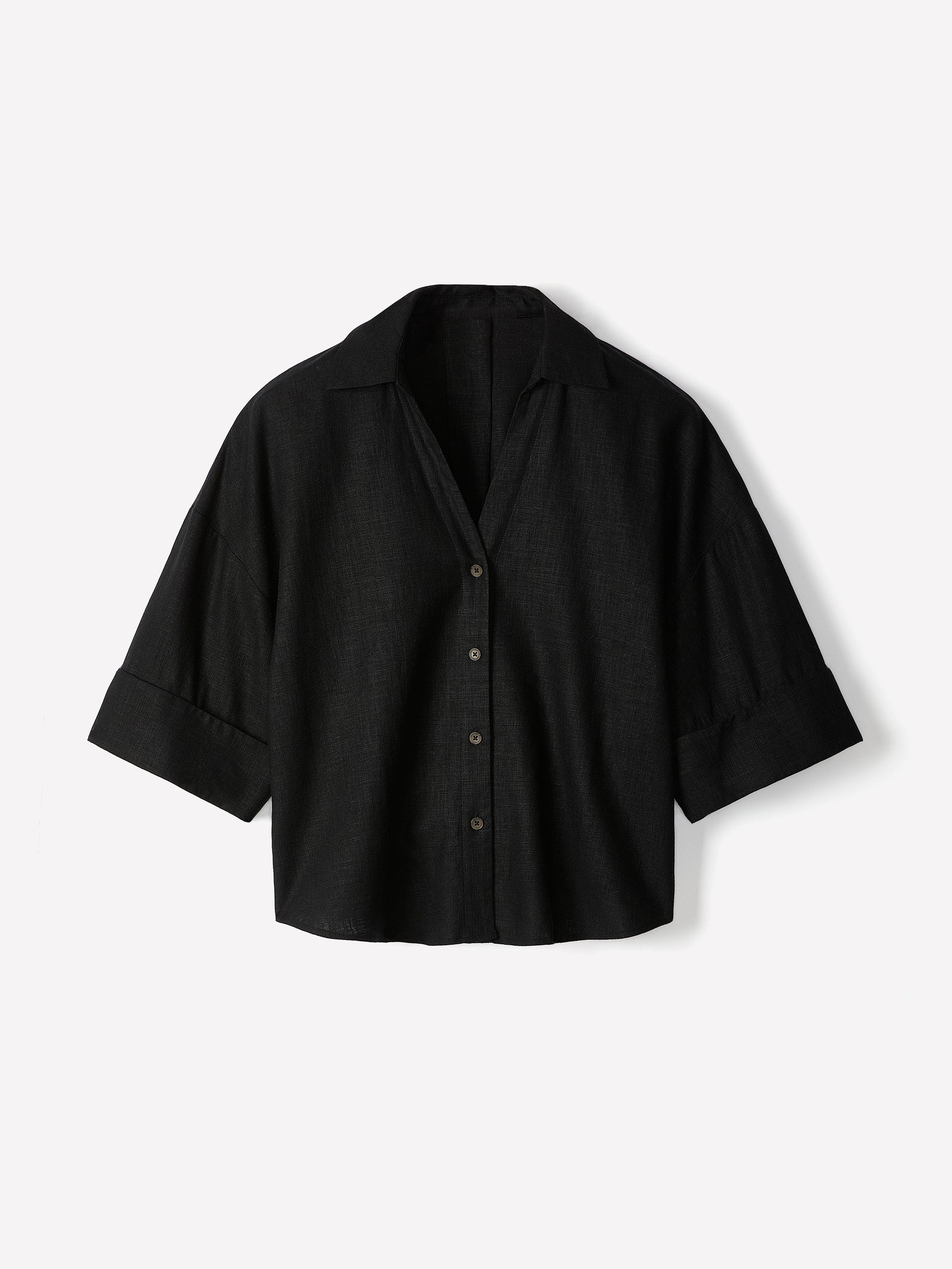Linen-Blend Short-Sleeve Blouse with Shirt Collar